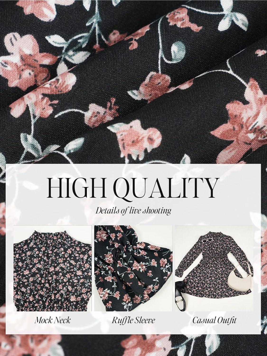 imageCUPSHE Womens Mock Neck Floral Mini Fall Dress Long Ruffle Sleeve Elastic Waist Smocked Casual Flowying Mini DressesBlack