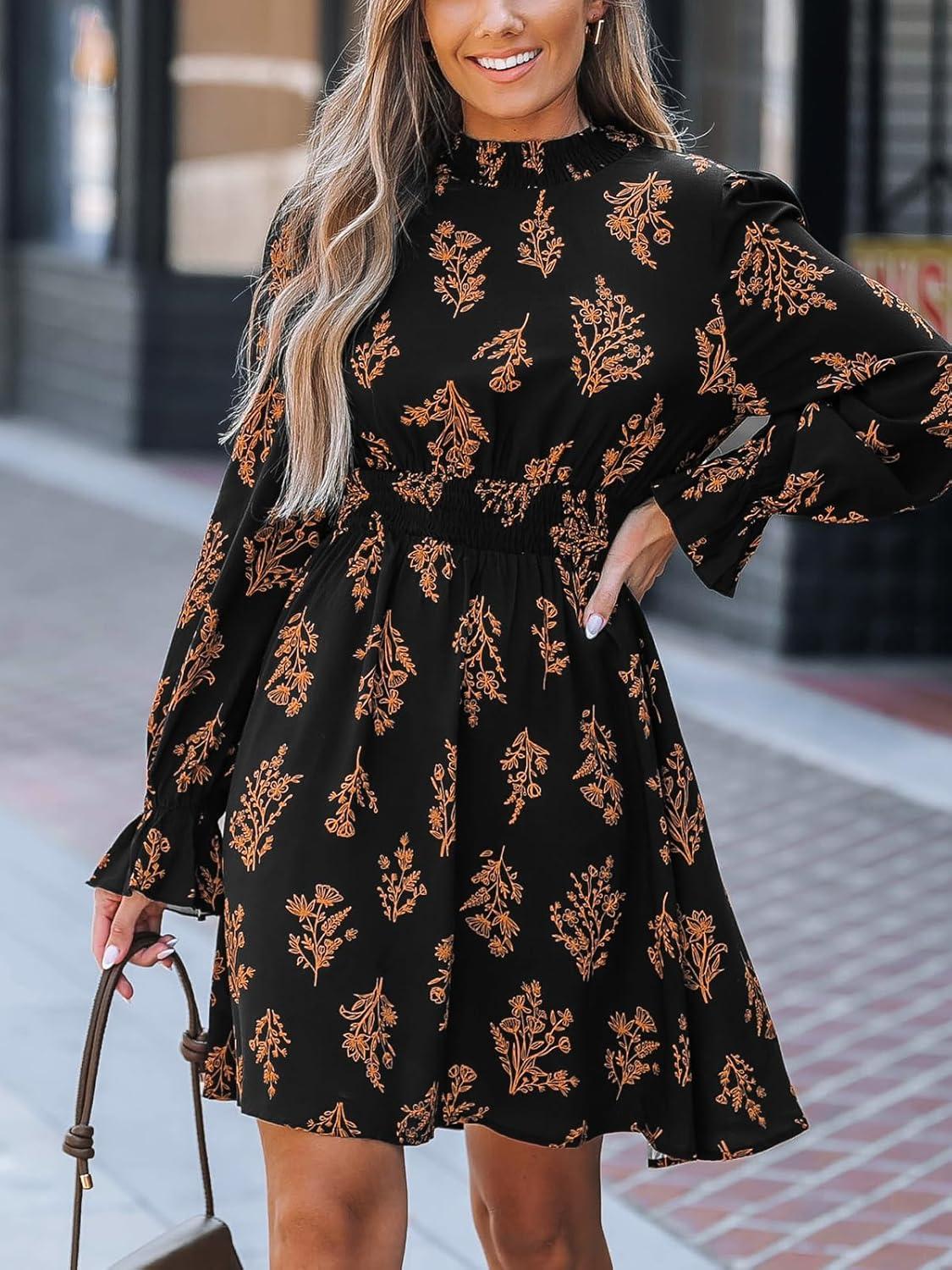 imageCUPSHE Womens Mock Neck Floral Mini Fall Dress Long Ruffle Sleeve Elastic Waist Smocked Casual Flowying Mini DressesBlack Floral