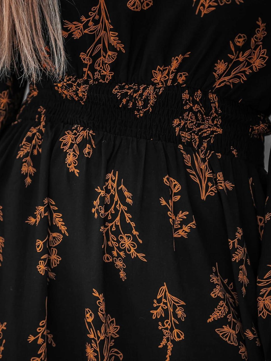 imageCUPSHE Womens Mock Neck Floral Mini Fall Dress Long Ruffle Sleeve Elastic Waist Smocked Casual Flowying Mini DressesBlack Floral