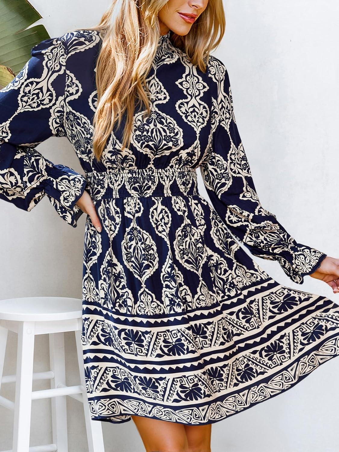 imageCUPSHE Womens Mock Neck Floral Mini Fall Dress Long Ruffle Sleeve Elastic Waist Smocked Casual Flowying Mini DressesBlack Paisley