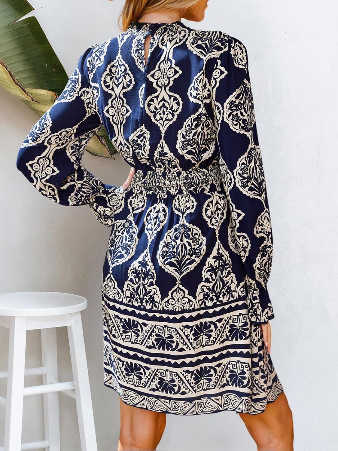 imageCUPSHE Womens Mock Neck Floral Mini Fall Dress Long Ruffle Sleeve Elastic Waist Smocked Casual Flowying Mini DressesBlack Paisley