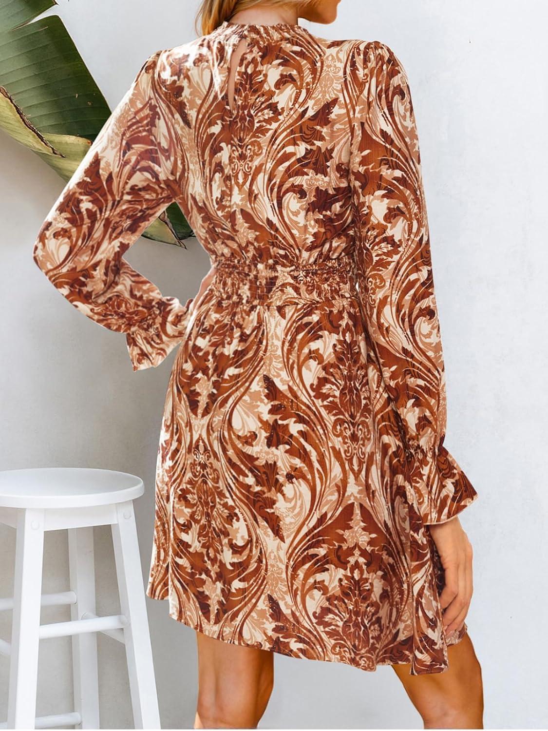 imageCUPSHE Womens Mock Neck Floral Mini Fall Dress Long Ruffle Sleeve Elastic Waist Smocked Casual Flowying Mini DressesBrown