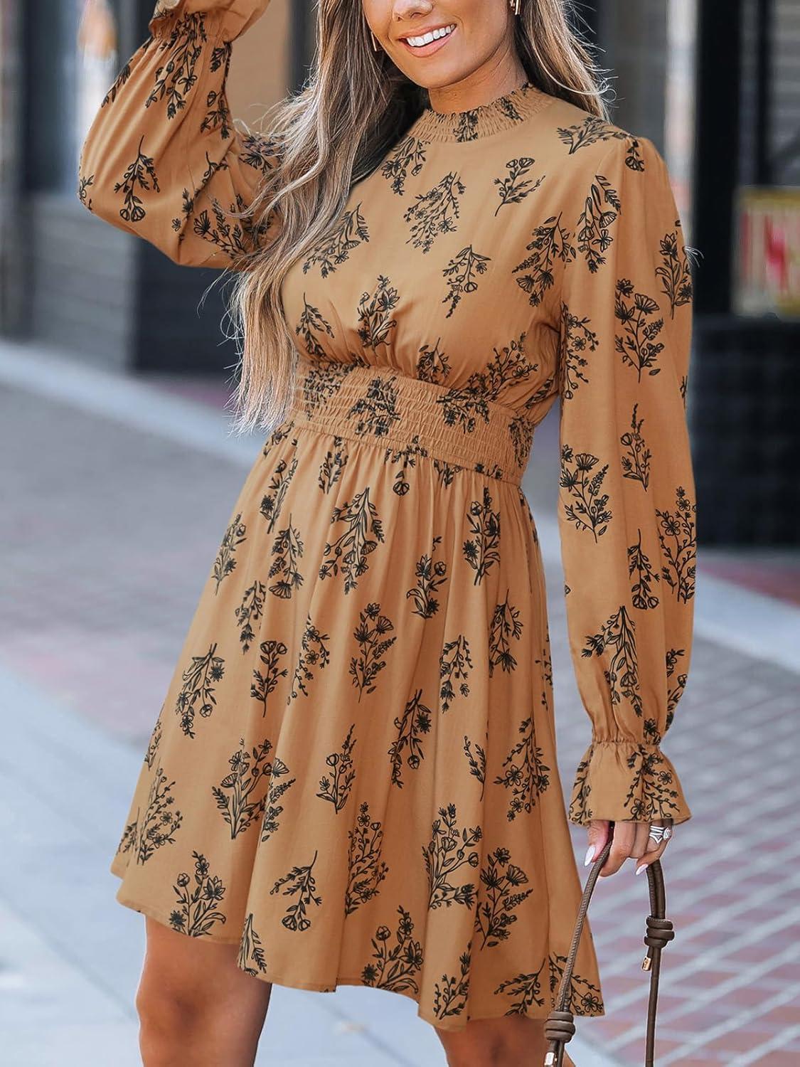 imageCUPSHE Womens Mock Neck Floral Mini Fall Dress Long Ruffle Sleeve Elastic Waist Smocked Casual Flowying Mini DressesBurnt Almond