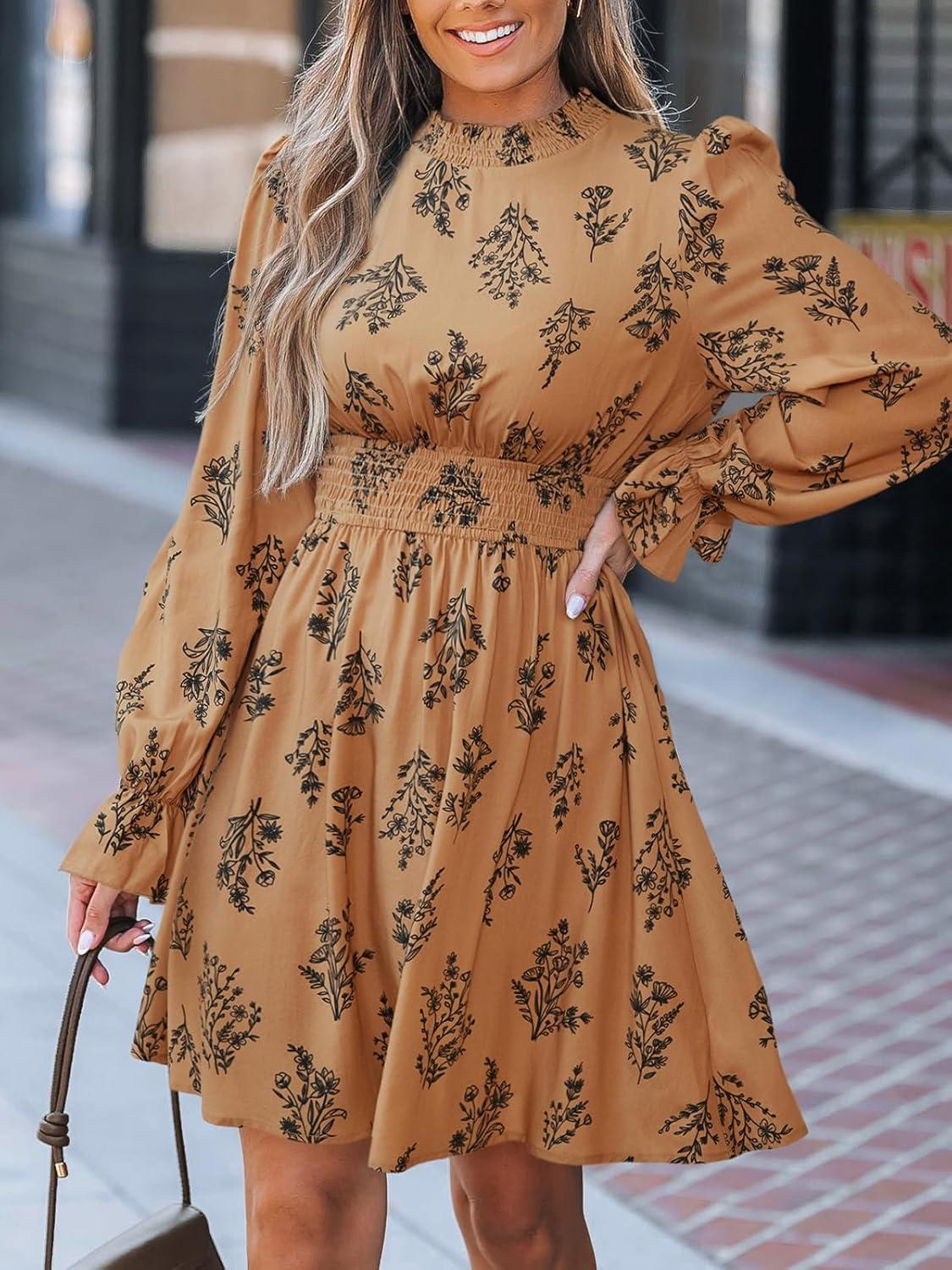 imageCUPSHE Womens Mock Neck Floral Mini Fall Dress Long Ruffle Sleeve Elastic Waist Smocked Casual Flowying Mini DressesBurnt Almond