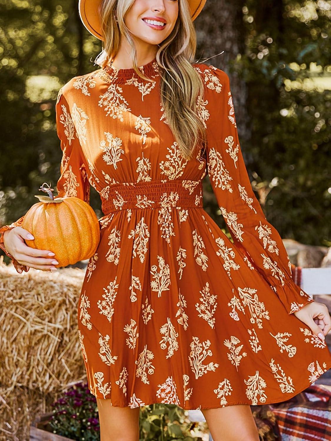 imageCUPSHE Womens Mock Neck Floral Mini Fall Dress Long Ruffle Sleeve Elastic Waist Smocked Casual Flowying Mini DressesBurnt Orange