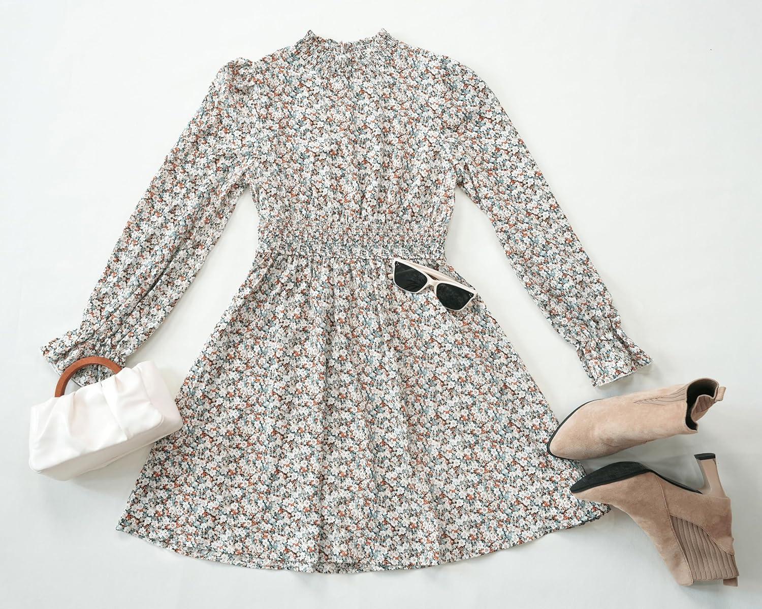imageCUPSHE Womens Mock Neck Floral Mini Fall Dress Long Ruffle Sleeve Elastic Waist Smocked Casual Flowying Mini DressesDisty