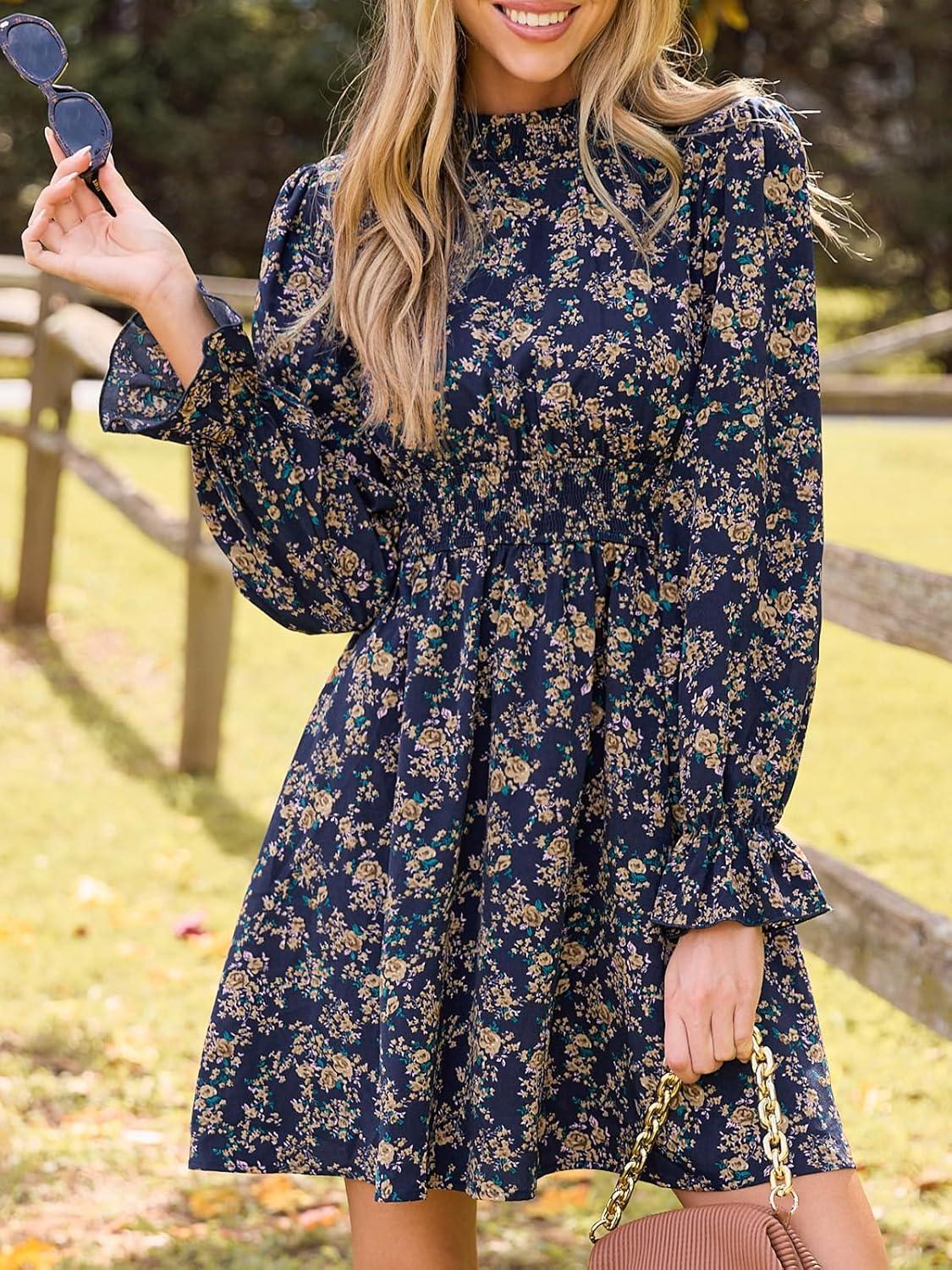 imageCUPSHE Womens Mock Neck Floral Mini Fall Dress Long Ruffle Sleeve Elastic Waist Smocked Casual Flowying Mini DressesNavy