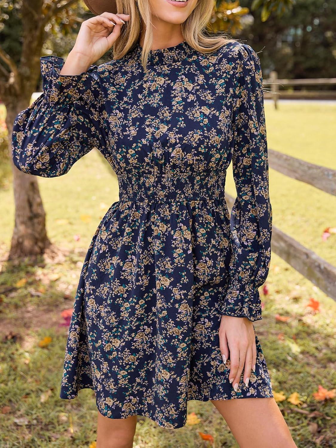 imageCUPSHE Womens Mock Neck Floral Mini Fall Dress Long Ruffle Sleeve Elastic Waist Smocked Casual Flowying Mini DressesNavy
