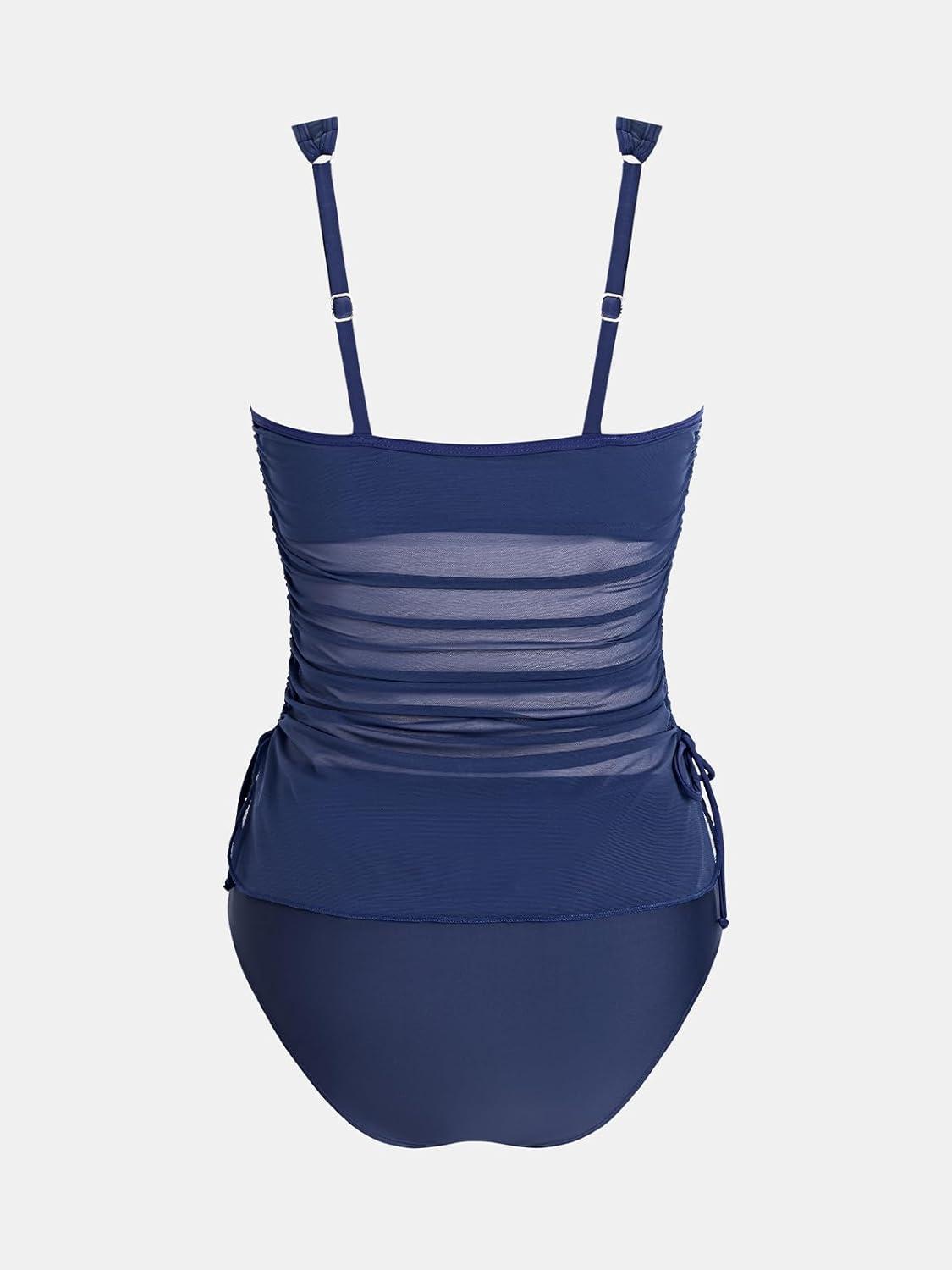 imageCUPSHE Womens One Piece Swimsuit Keyhole Deep V Neck Bathing Suit Drawstring Mesh Ruching Wide Adjustable StrapsDeep Navy Blue