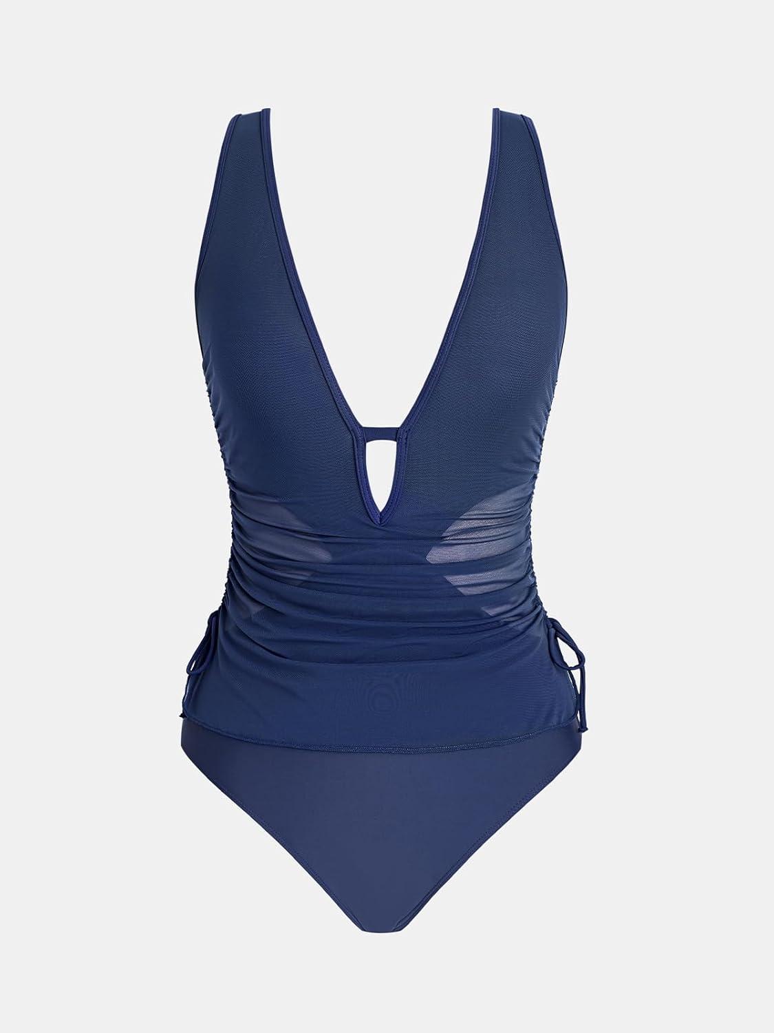 imageCUPSHE Womens One Piece Swimsuit Keyhole Deep V Neck Bathing Suit Drawstring Mesh Ruching Wide Adjustable StrapsDeep Navy Blue