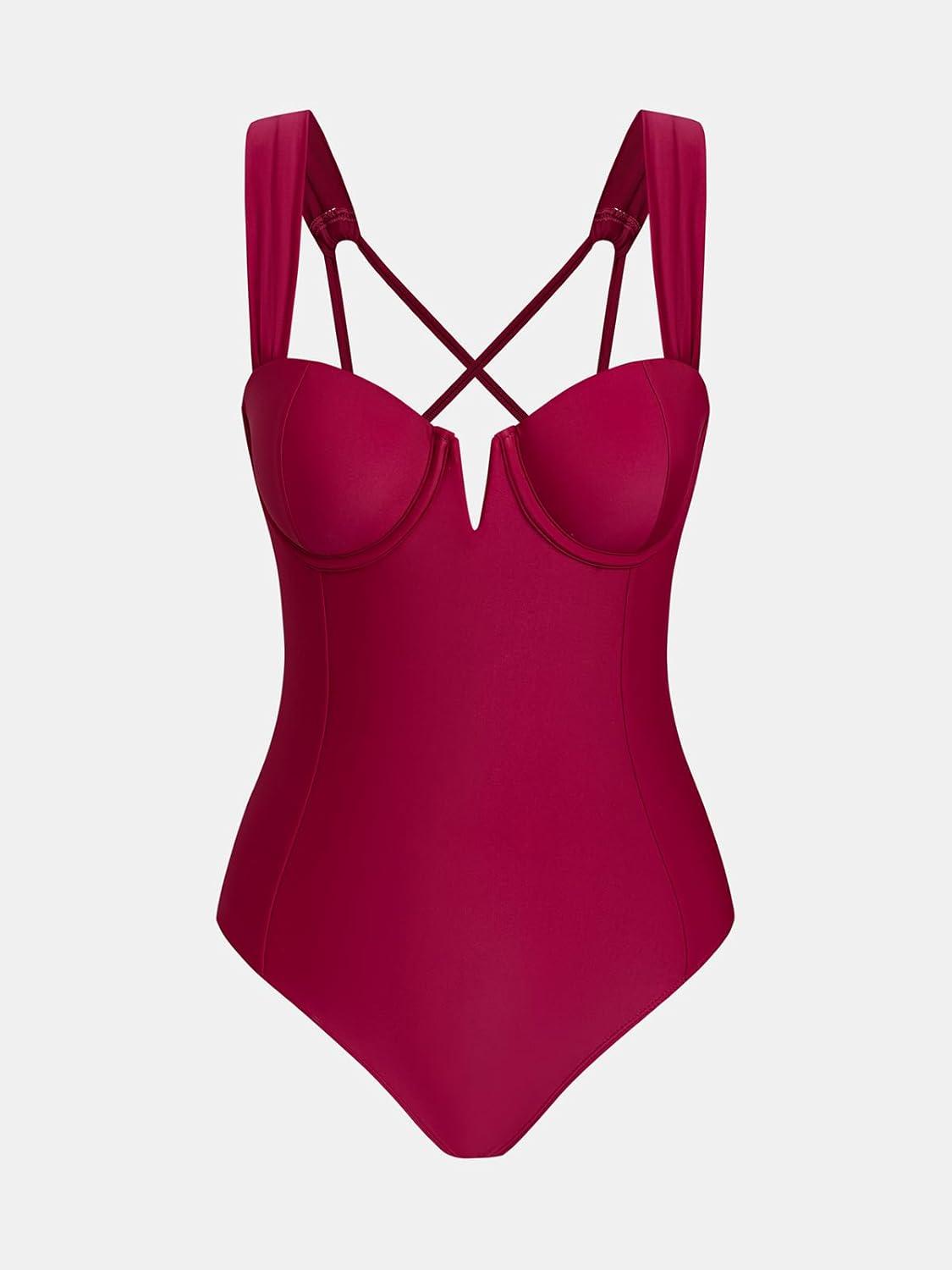 imageCUPSHE Womens One Piece Swimsuit Sweetheart Neck Bathing Suit Cutout Crisscross Back Wide Straps Self TieBurgundy Red