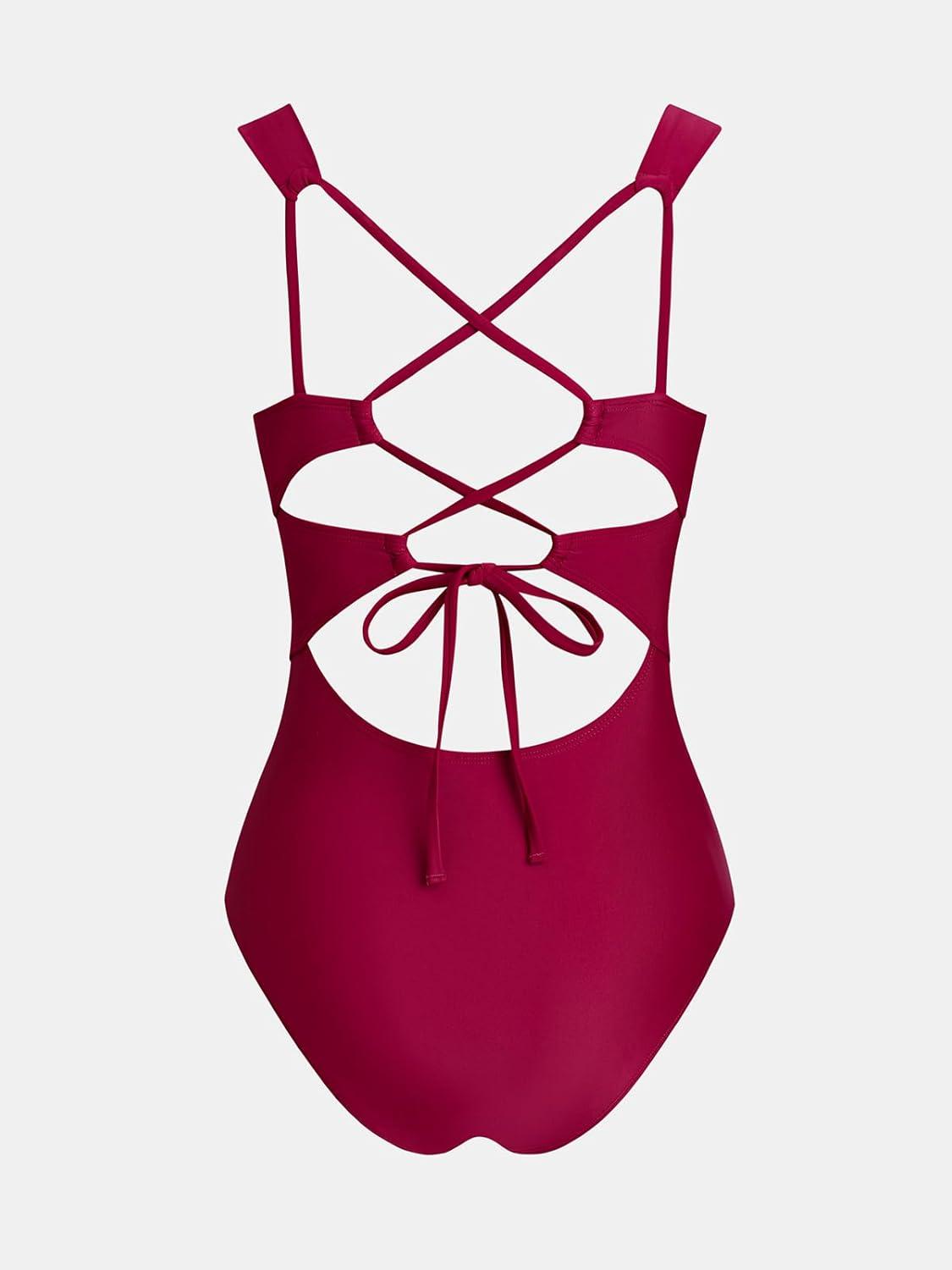 imageCUPSHE Womens One Piece Swimsuit Sweetheart Neck Bathing Suit Cutout Crisscross Back Wide Straps Self TieBurgundy Red