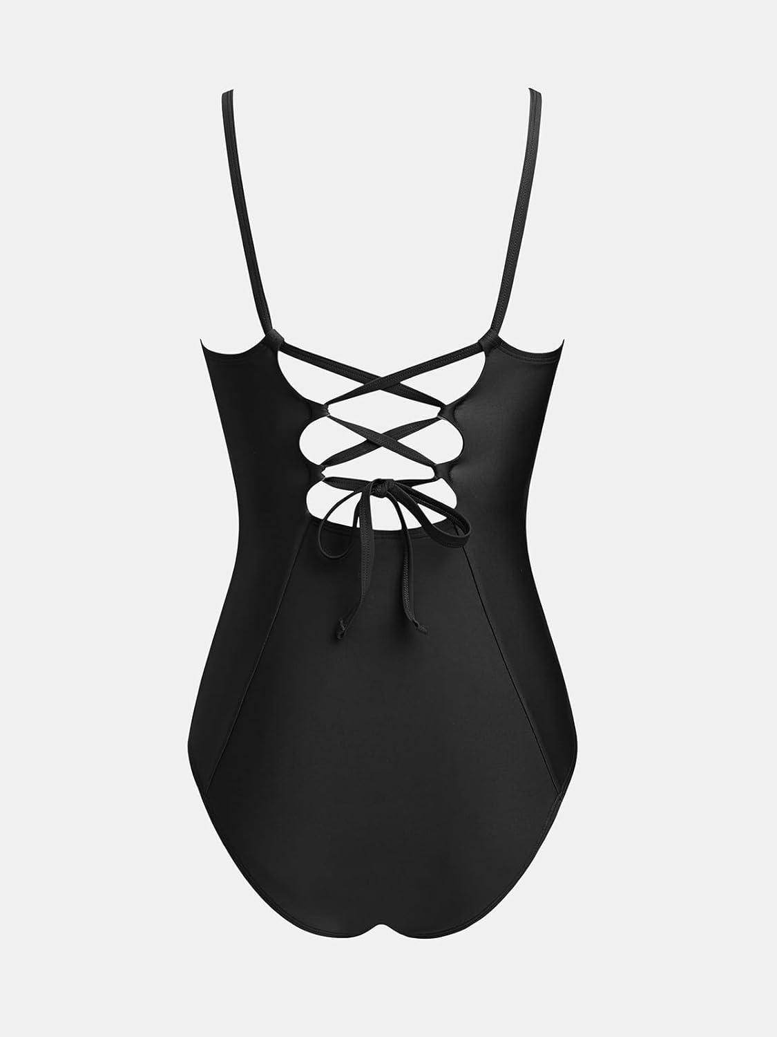 imageCUPSHE Womens One Piece Swimsuit V Neck Tummy Control Bathing Suit Crisscross Back Self Tie Ruched SwimwearBlack