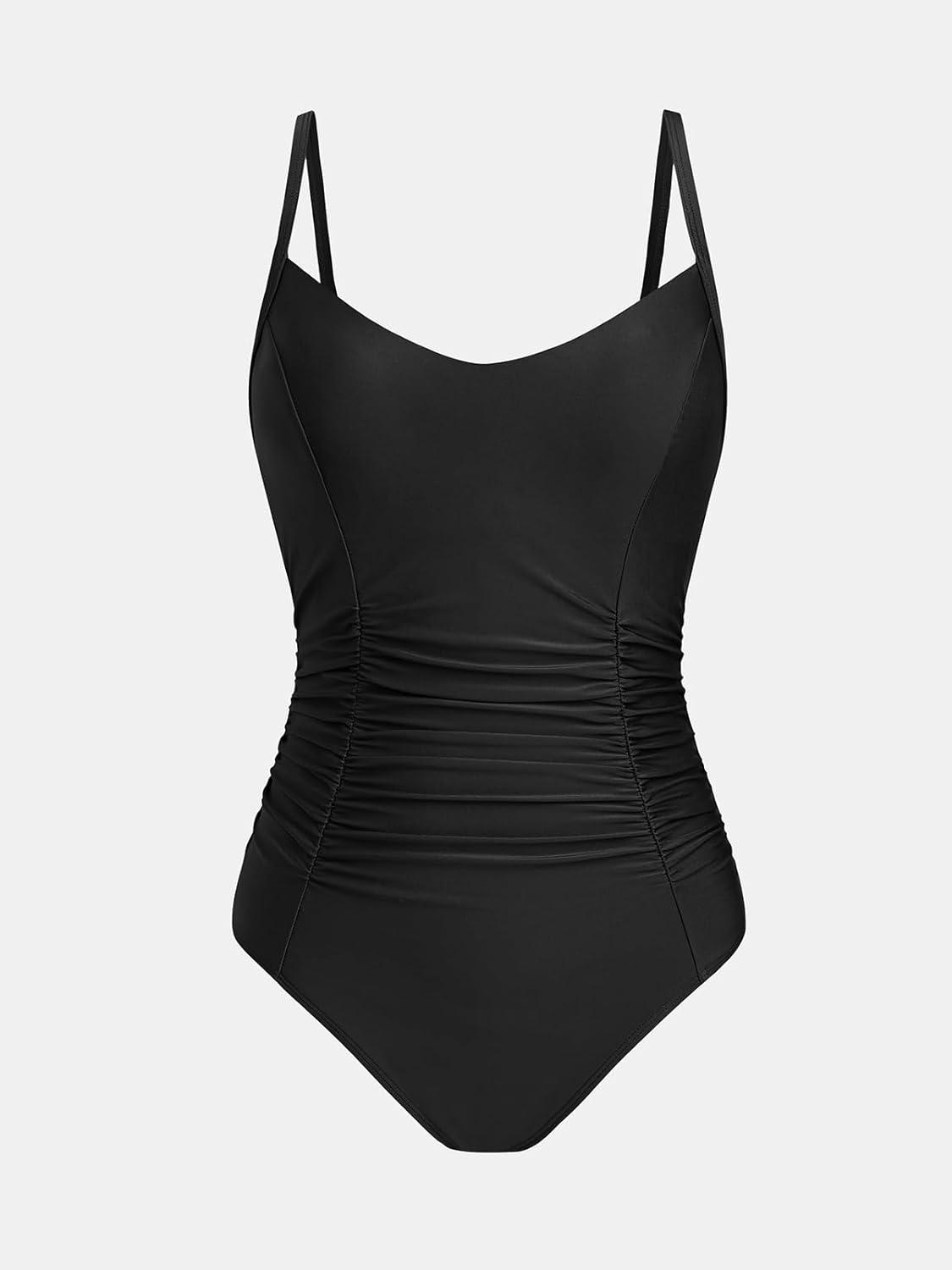 imageCUPSHE Womens One Piece Swimsuit V Neck Tummy Control Bathing Suit Crisscross Back Self Tie Ruched SwimwearBlack
