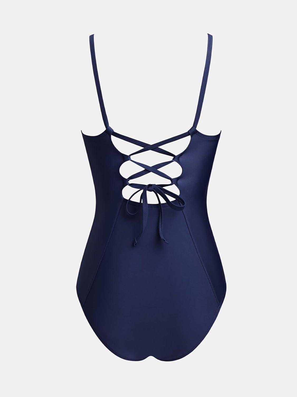 imageCUPSHE Womens One Piece Swimsuit V Neck Tummy Control Bathing Suit Crisscross Back Self Tie Ruched SwimwearDark Blue