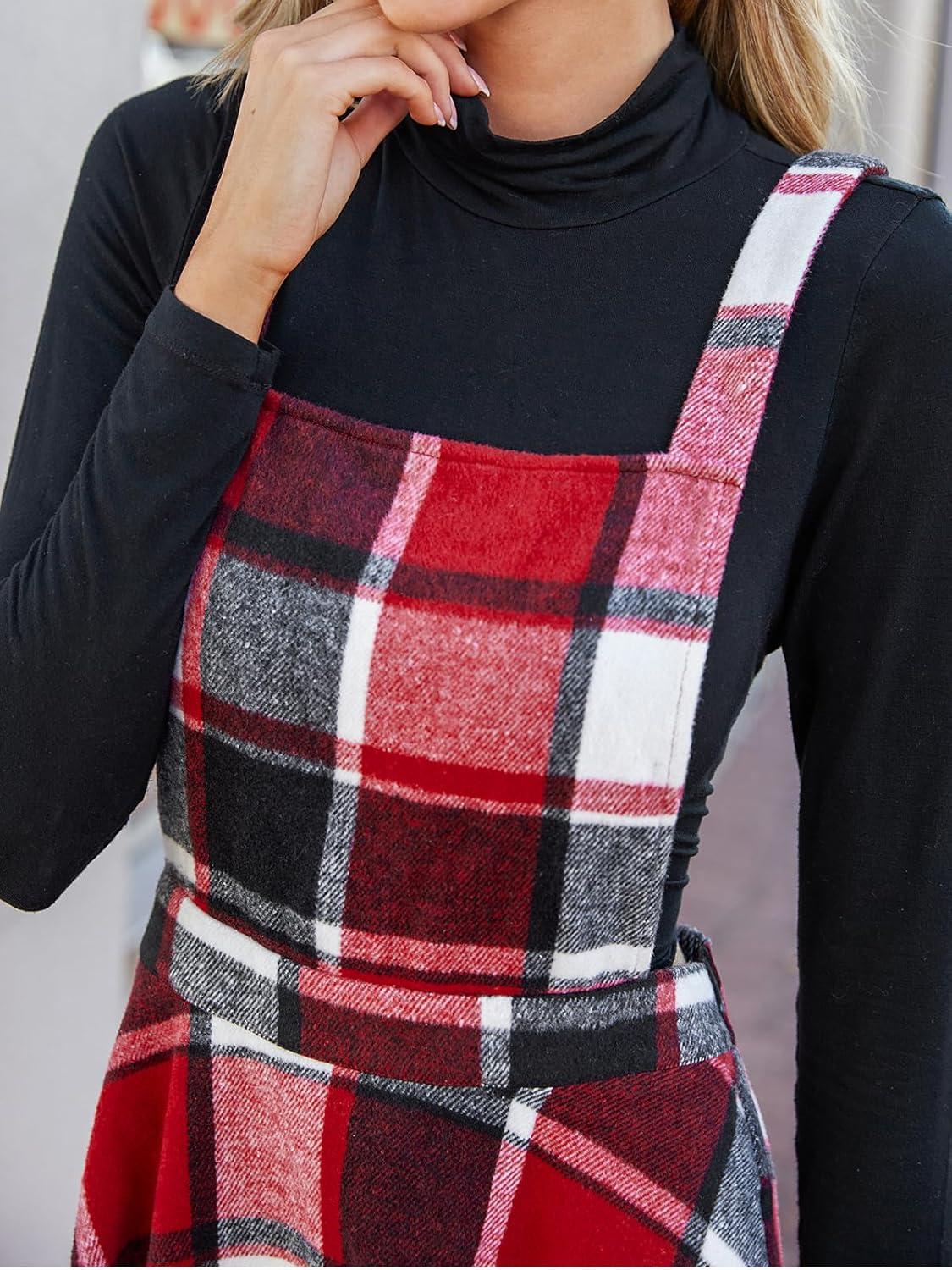 imageCUPSHE Womens Overall Dress Square Neck Plaid Sleeveless Casual Short A Line Cute Fall Mini Pinafore DressesRed Plaid
