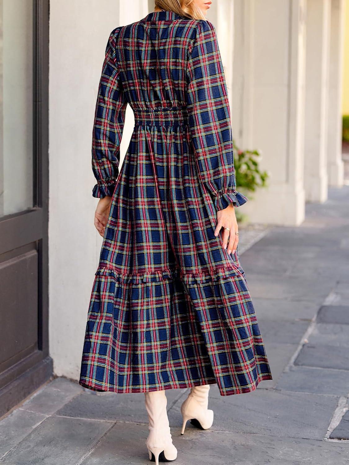 imageCUPSHE Womens Plaid Ruffle Maxi Dress V Neck Long Sleeve Smocked Waist Fall Casual Party DressesNacy Blue