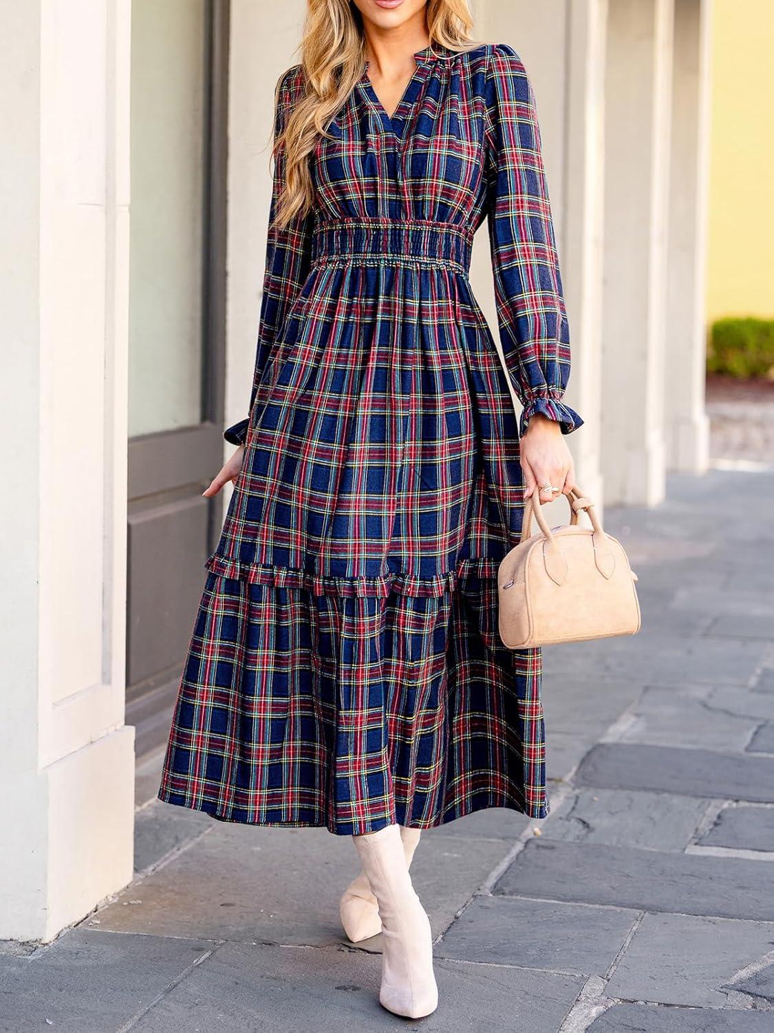imageCUPSHE Womens Plaid Ruffle Maxi Dress V Neck Long Sleeve Smocked Waist Fall Casual Party DressesNacy Blue