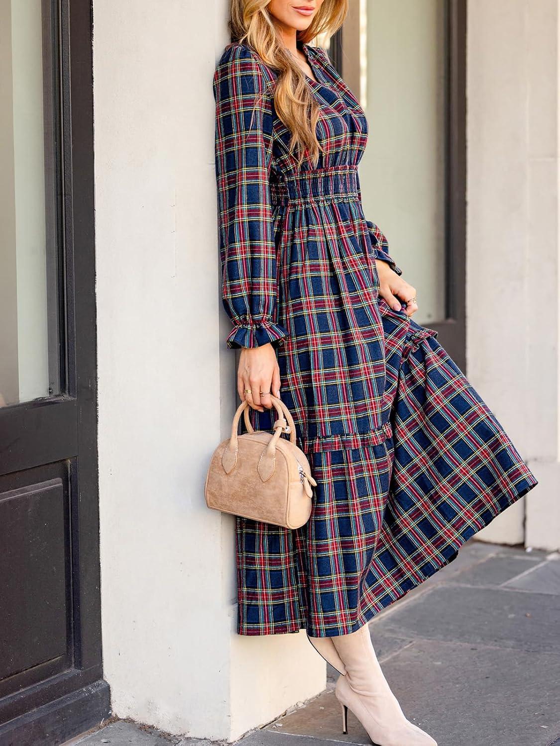 imageCUPSHE Womens Plaid Ruffle Maxi Dress V Neck Long Sleeve Smocked Waist Fall Casual Party DressesNacy Blue