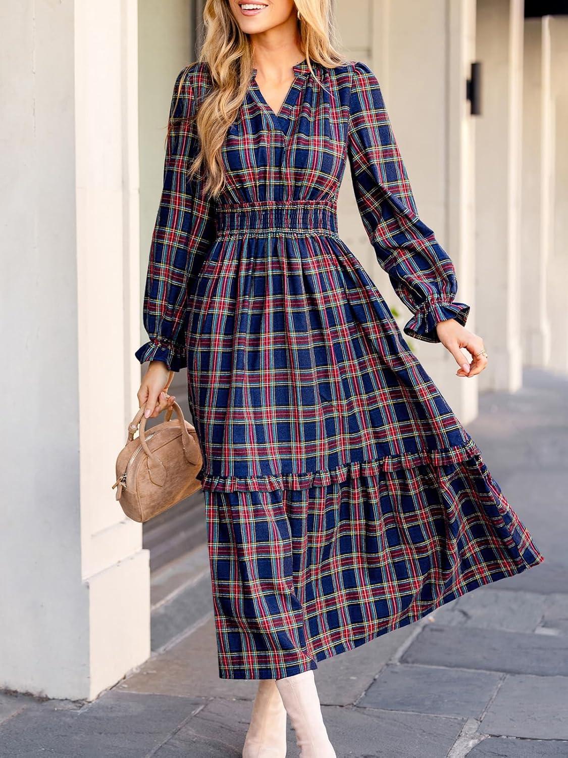 imageCUPSHE Womens Plaid Ruffle Maxi Dress V Neck Long Sleeve Smocked Waist Fall Casual Party DressesNacy Blue
