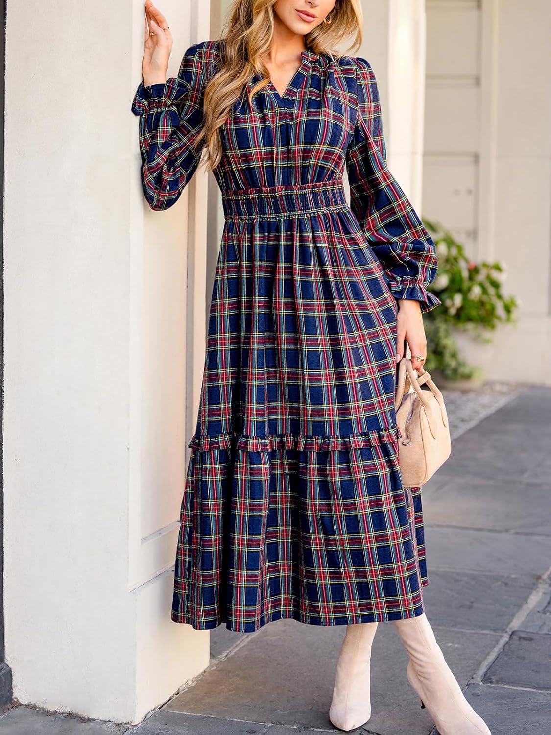 imageCUPSHE Womens Plaid Ruffle Maxi Dress V Neck Long Sleeve Smocked Waist Fall Casual Party DressesNacy Blue