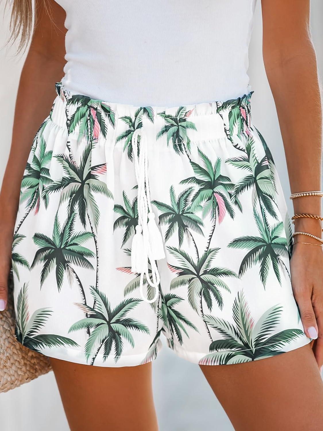 imageCUPSHE Womens Summer Beach Shorts High Waist Drawstring Wide Leg Printed Casual Shorts with PocketsPalm Tree Print