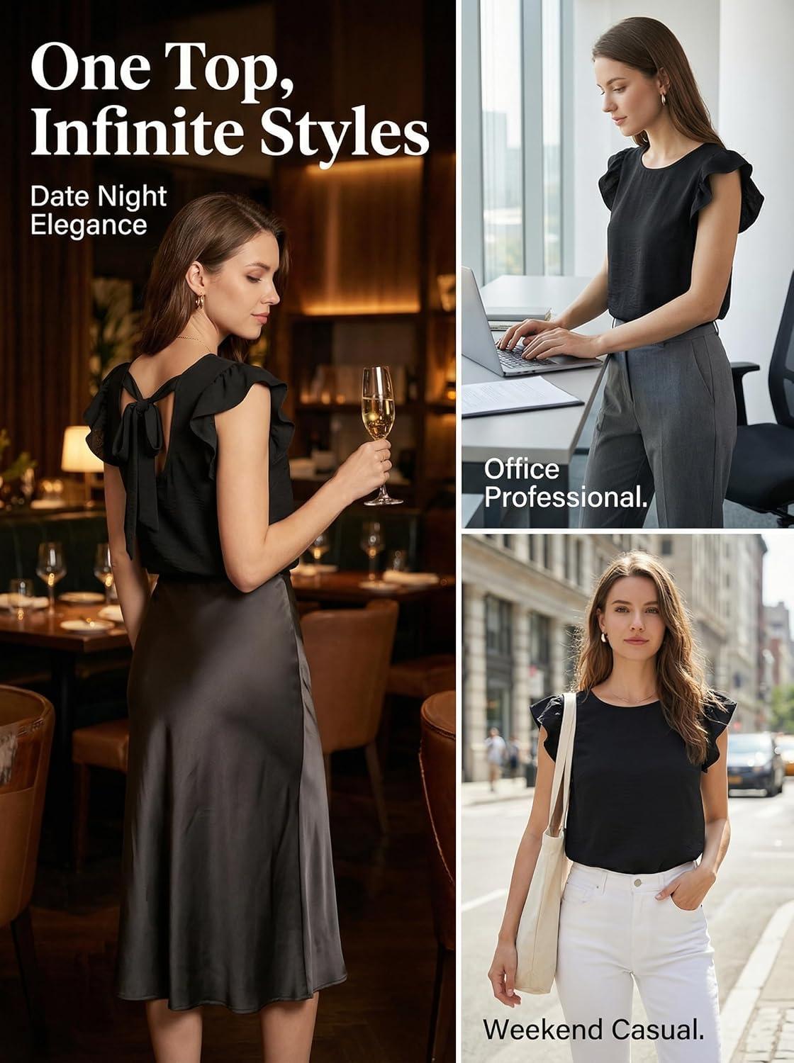 imageCUPSHE Womens Summer Shirts Cute Tops Ruffle Sleeve Crew Neck Casual Backless TeesBlack
