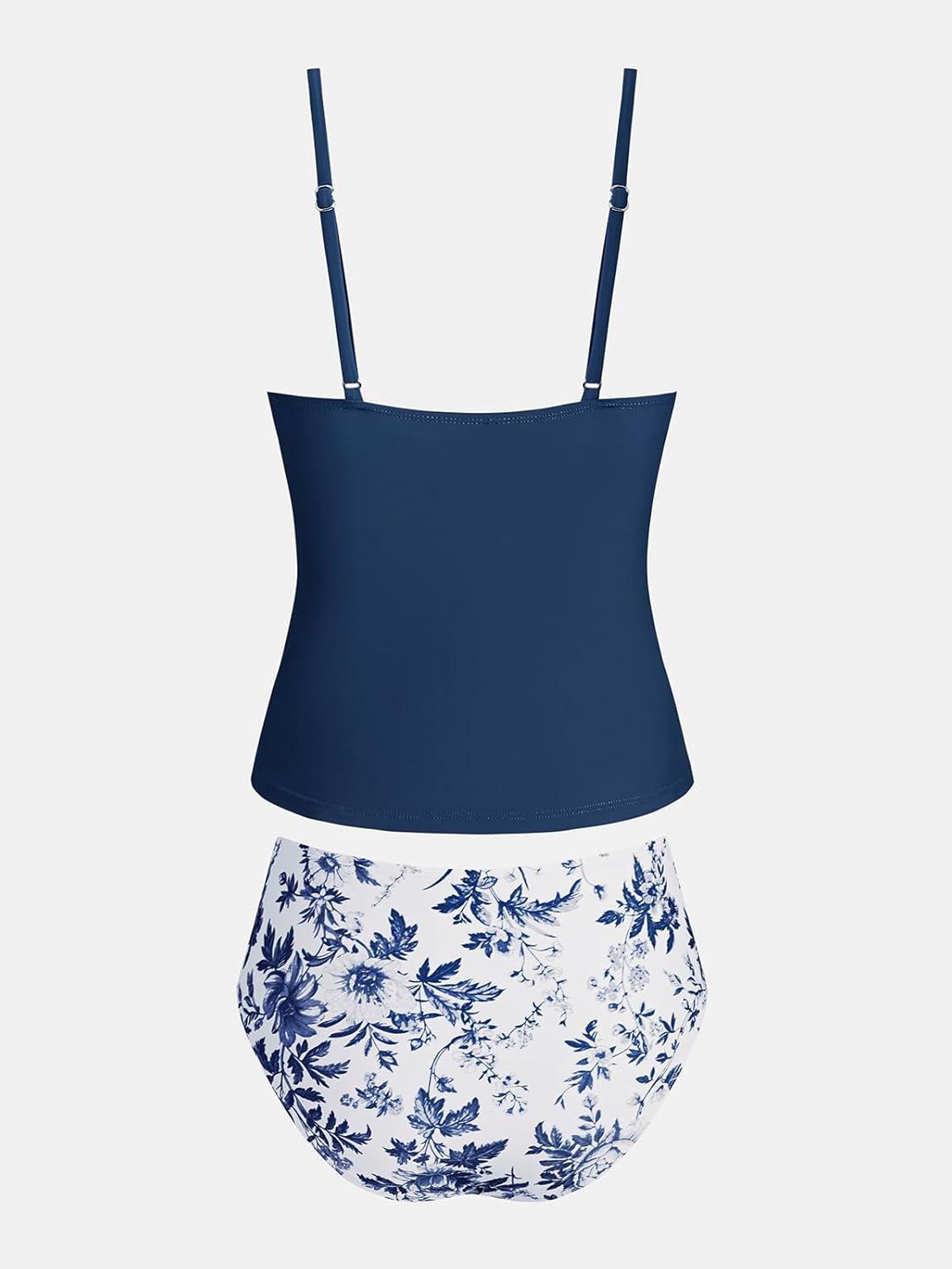 imageCUPSHE Womens Tankini Sets Two Piece Swimsuit Plunging V Neck Scalloped Edge Bathing Suit Mid RiseNavy Floral