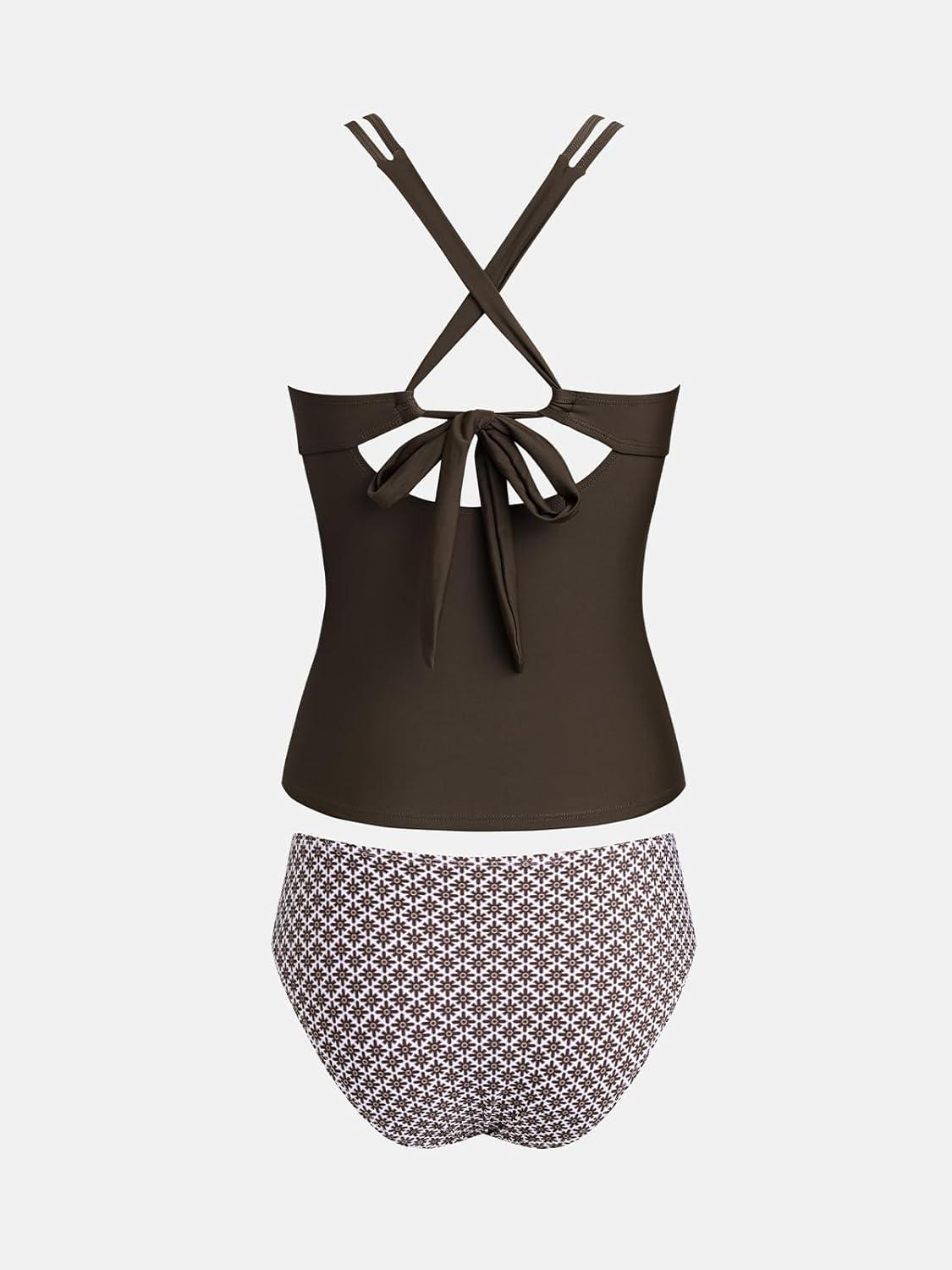imageCUPSHE Womens Tankini Sets Two Piece Swimsuit Scoop Neck V Cut Double Straps Self Tied Bathing Suit Ruched TummyChocolate BrownWhite Floal