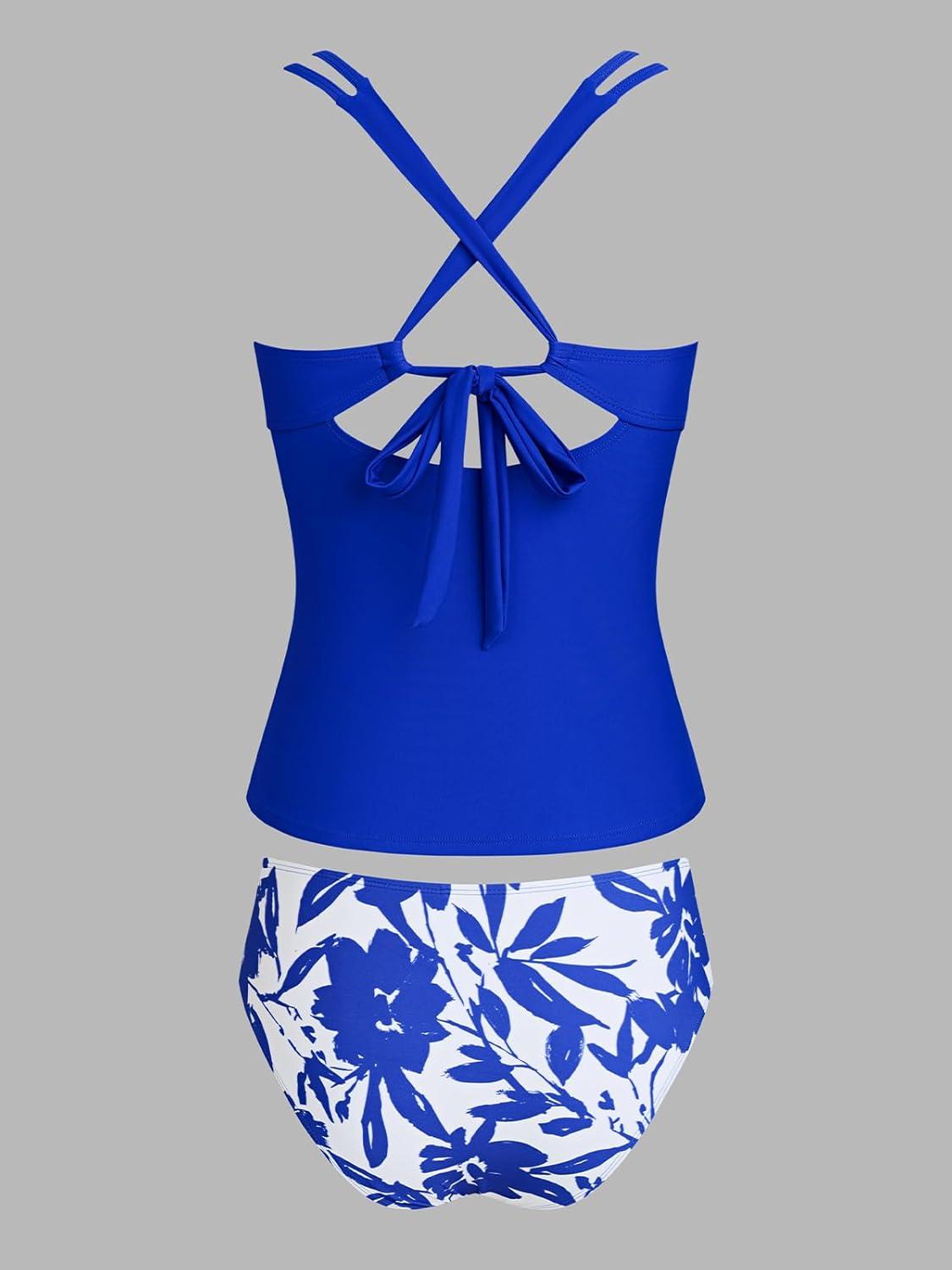 imageCUPSHE Womens Tankini Sets Two Piece Swimsuit Scoop Neck V Cut Double Straps Self Tied Bathing Suit Ruched TummyCobalt BlueWhite Floral