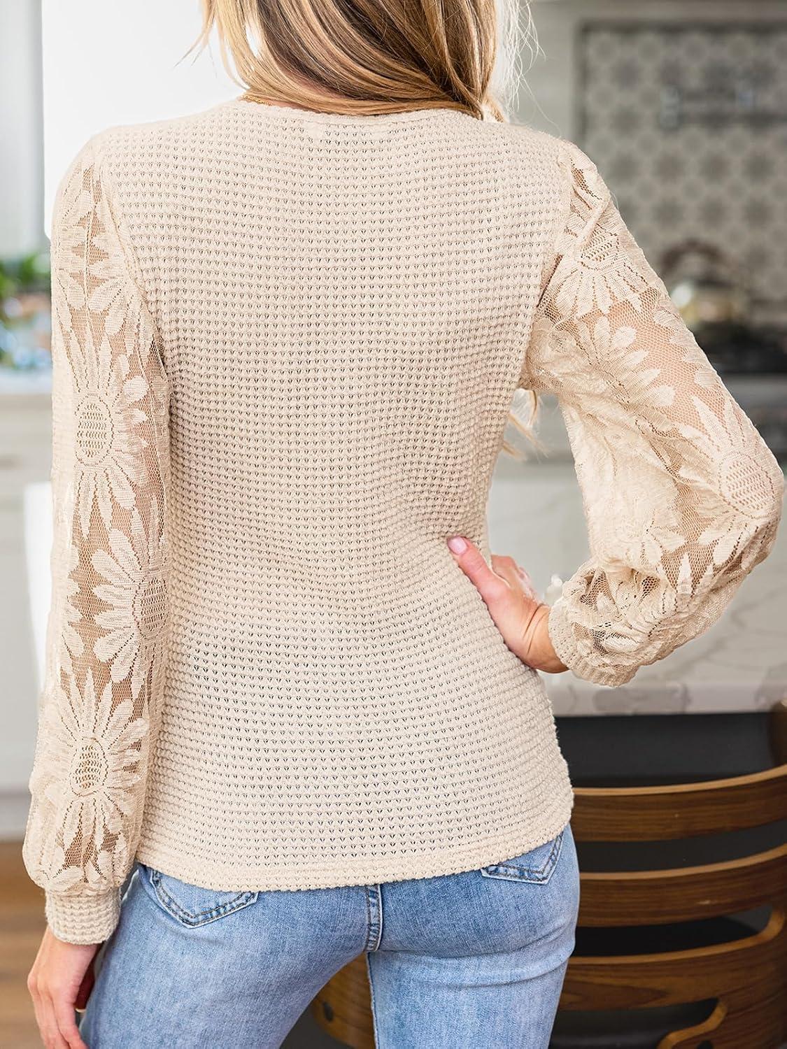 imageCUPSHE Womens Top Eyelet Lace V Neck Long Floral Sleeve Blouse Casual Hollow Out Loose Trendy DressyBeige