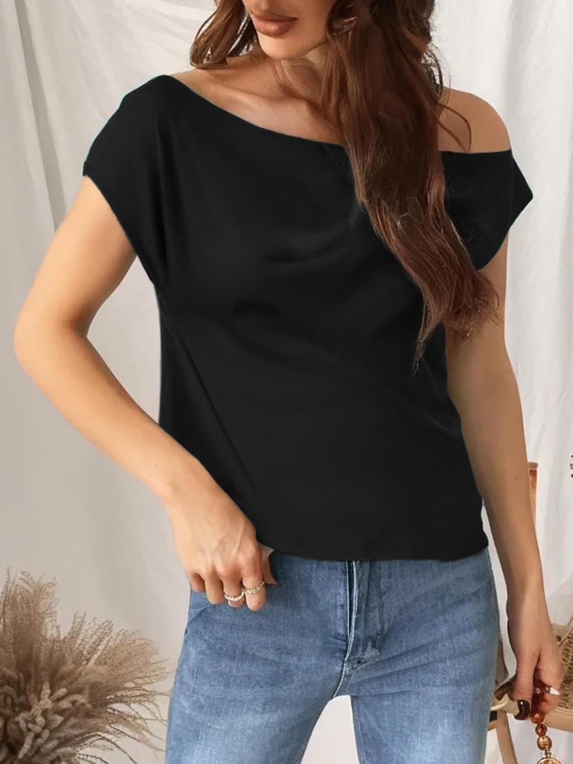 imageCUPSHE Womens Tops Asymmetrical OffShoulder Shirt Sleeveless Ruching Satin Blouses Elegant Trendy Dressy1black
