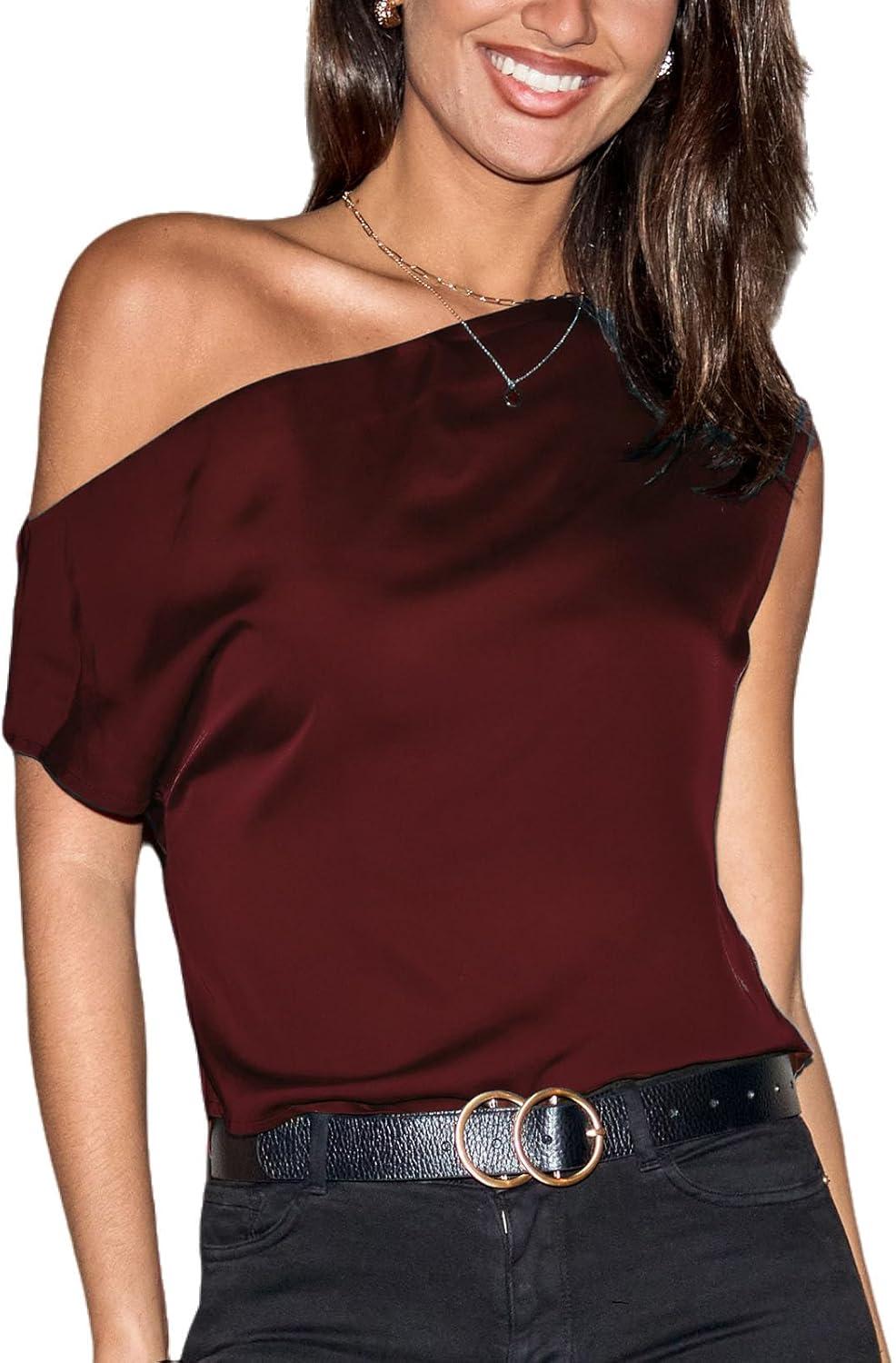 imageCUPSHE Womens Tops Asymmetrical OffShoulder Shirt Sleeveless Ruching Satin Blouses Elegant Trendy Dressy1burgundy