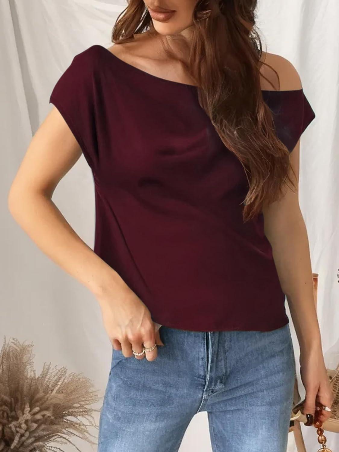 imageCUPSHE Womens Tops Asymmetrical OffShoulder Shirt Sleeveless Ruching Satin Blouses Elegant Trendy Dressy1burgundy