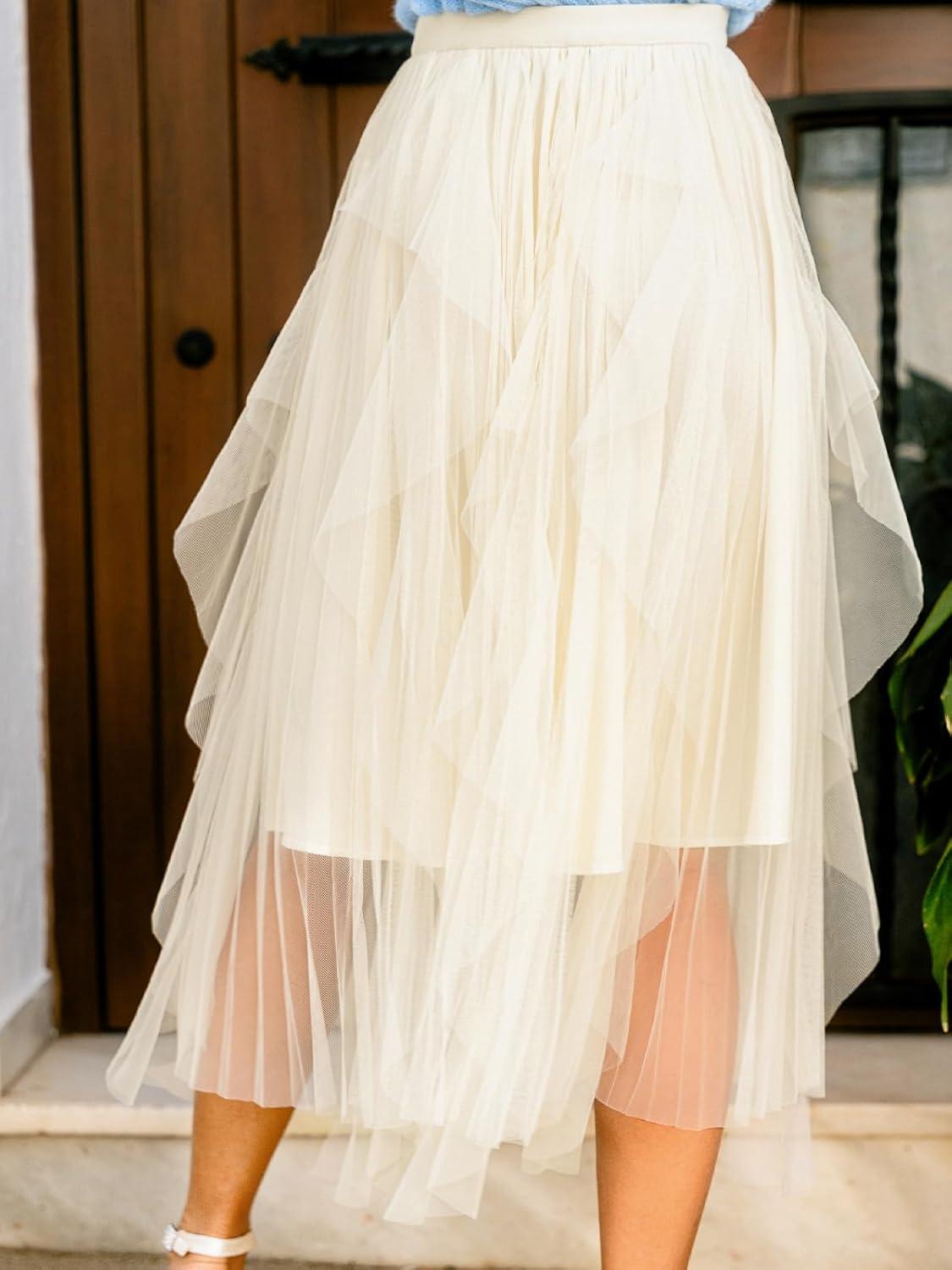 imageCUPSHE Womens Tulle Midi Skirts Dressy ALine High Low Layered Puffy Fairy High Waist Long Mesh SkirtBeige