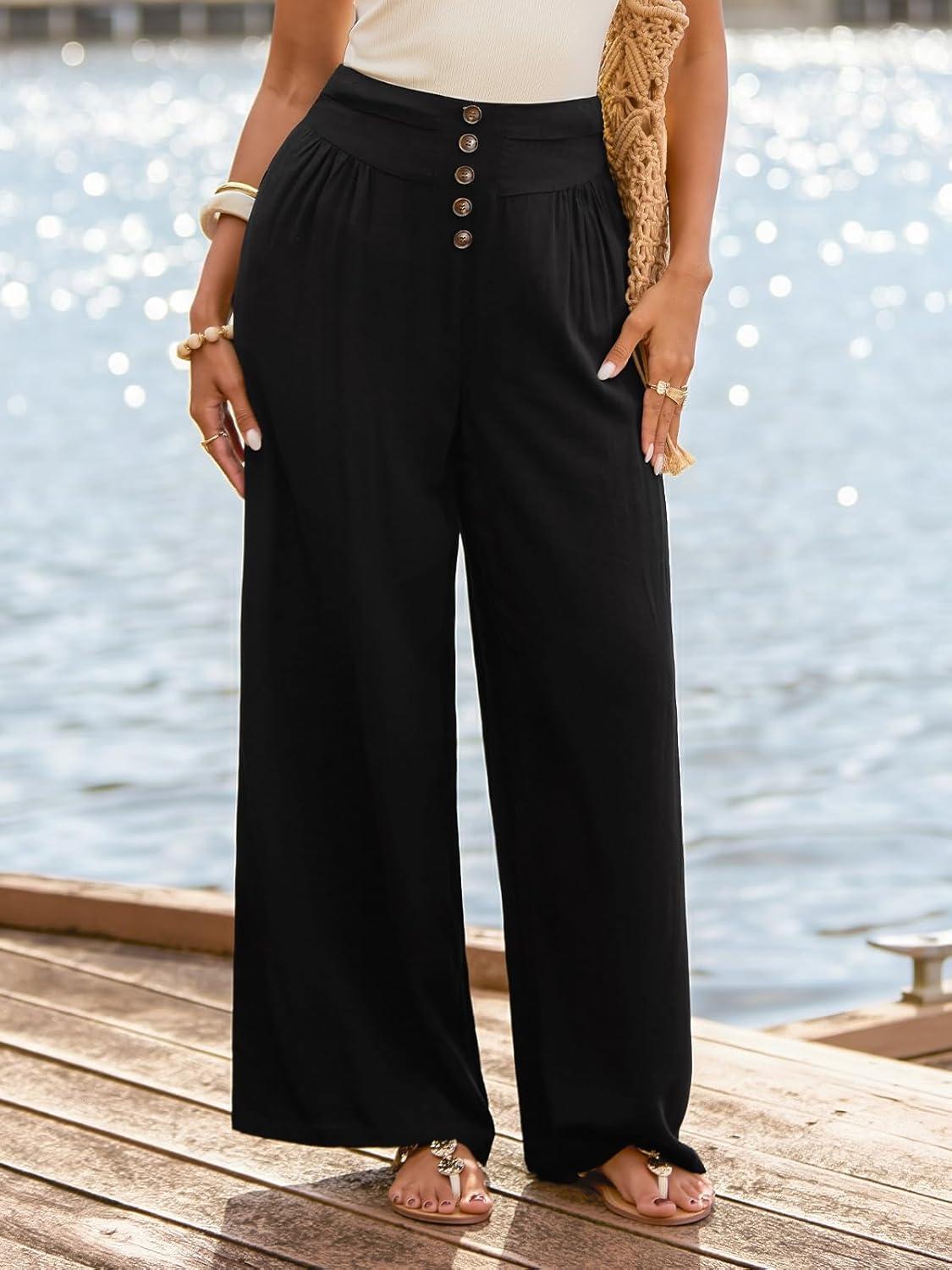 imageCUPSHE Womens Wide Leg Pants Summer Casual High Waist Button Palazzo Beach Pants with PocketBlack