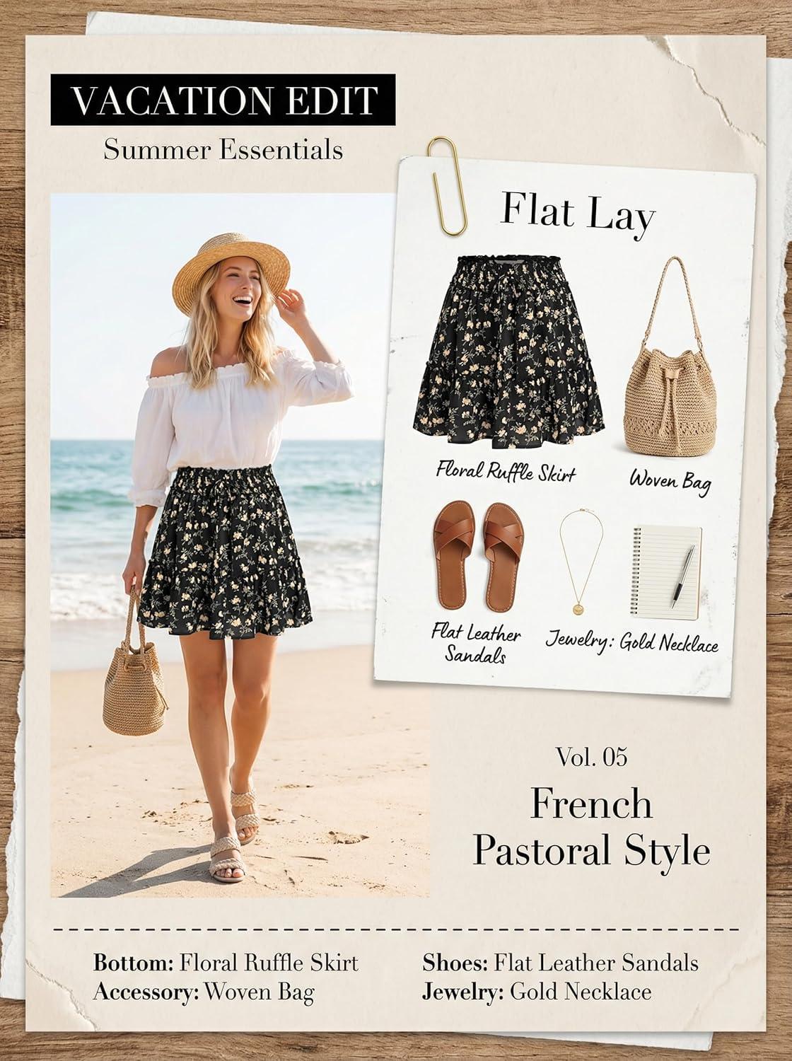 imageWomens Mini Skirts Boho Floral High Waist Ruffle Tiered Chiffon Flowy ALine Beach Casual Cute Short SkirtBlack