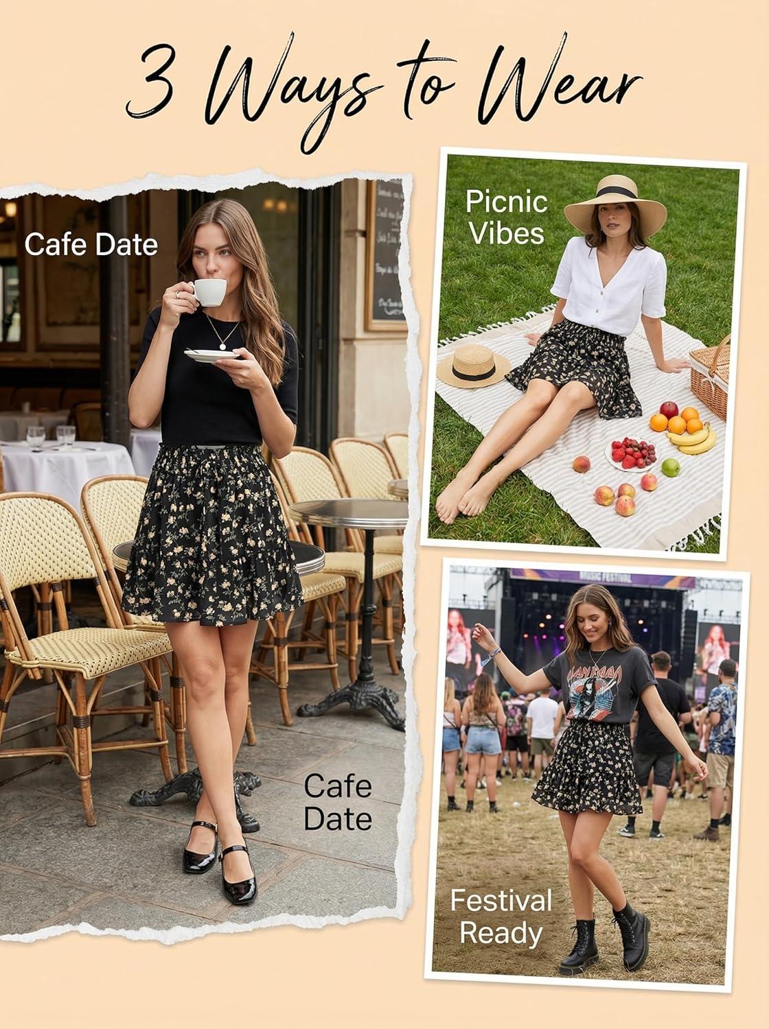 imageWomens Mini Skirts Boho Floral High Waist Ruffle Tiered Chiffon Flowy ALine Beach Casual Cute Short SkirtBlack