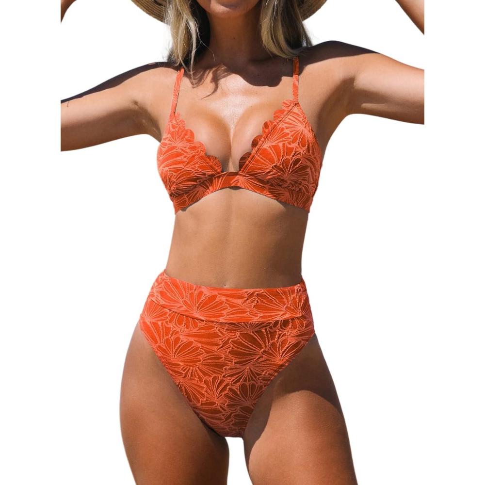 imageCUPSHE Bikini Set for Women Bathing Suit High Waisted Scalloped V Neck Two Pieces SwimsuitCoral Orange
