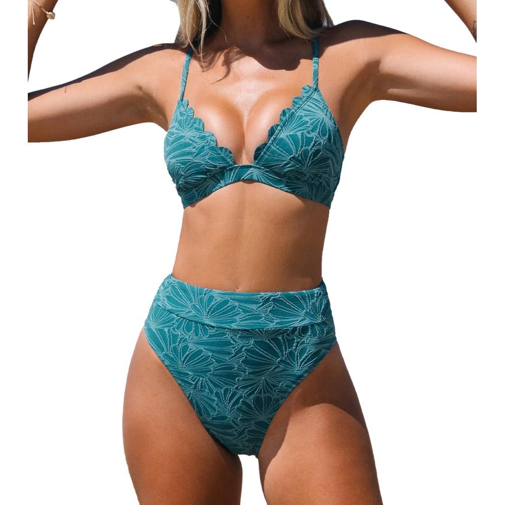 imageCUPSHE Bikini Set for Women Bathing Suit High Waisted Scalloped V Neck Two Pieces SwimsuitCyan