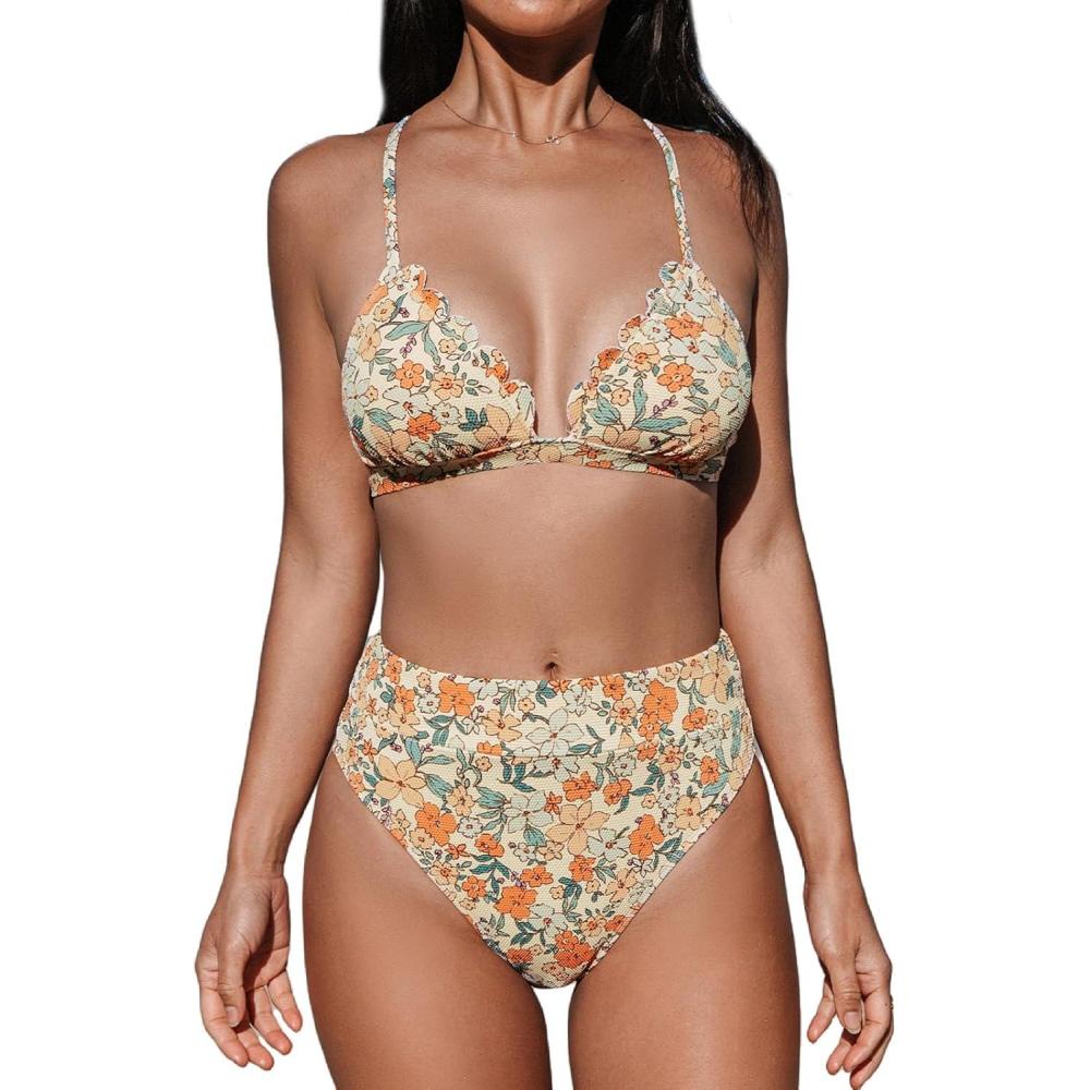 imageCUPSHE Bikini Set for Women Bathing Suit High Waisted Scalloped V Neck Two Pieces SwimsuitYellowFloral