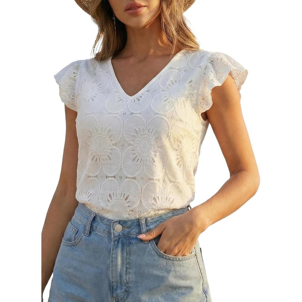 imageCUPSHE Blouses for Women 2026 Dressy Casual Ruffle Short Sleeve V Neck Shirts Flower Lace Tops Trendy Spring Summer OutfitsWhite
