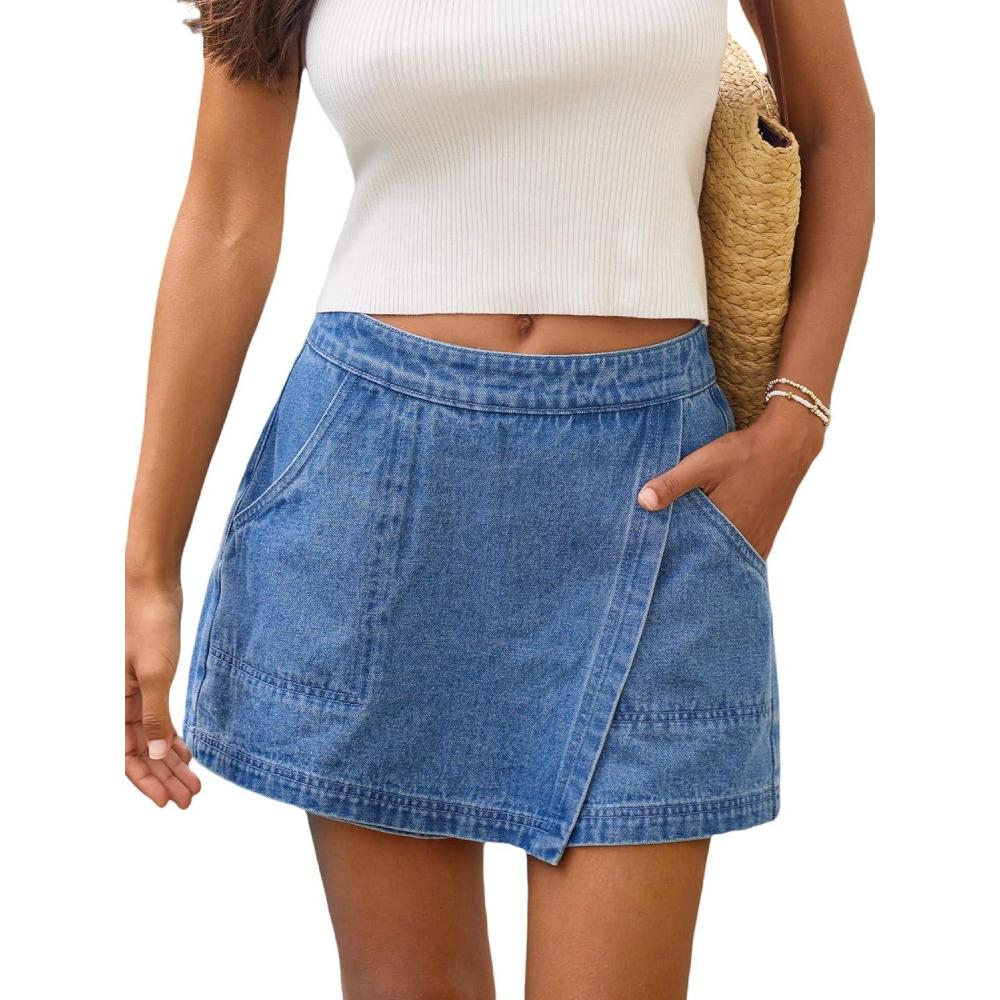 imageCUPSHE Jean Skorts for Woman High Waisted Denim Wrap Skirt with Shorts Trendy Mini Skort with PocketBlue