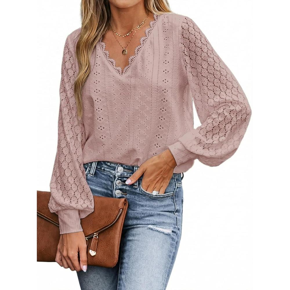 imageCUPSHE Long Sleeve Tops for Women Eyelet Scalloped Lace V Neck Blouse Casual Loose Fashion ShirtsA Pink