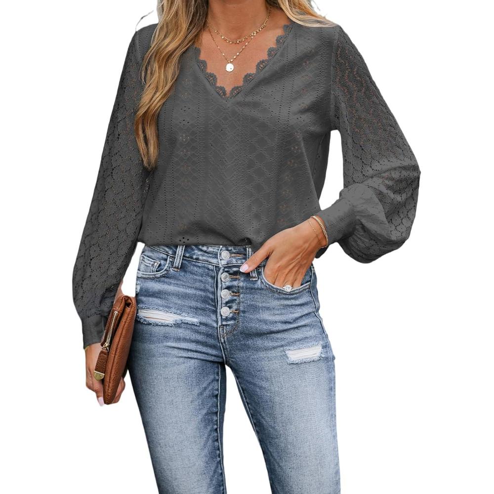 imageCUPSHE Long Sleeve Tops for Women Eyelet Scalloped Lace V Neck Blouse Casual Loose Fashion ShirtsDark Gray