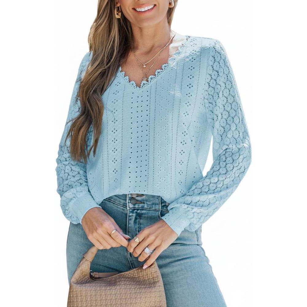 imageCUPSHE Long Sleeve Tops for Women Eyelet Scalloped Lace V Neck Blouse Casual Loose Fashion ShirtsLight Blue