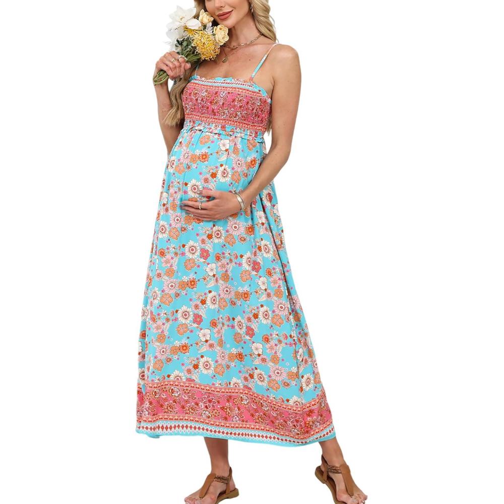 imageCUPSHE Maternity Maxi Dresses Floral Square Neck Smocked Baby Shower Ruffled Flowy Fashion Casual Summer Pregnancy DressMint Floral