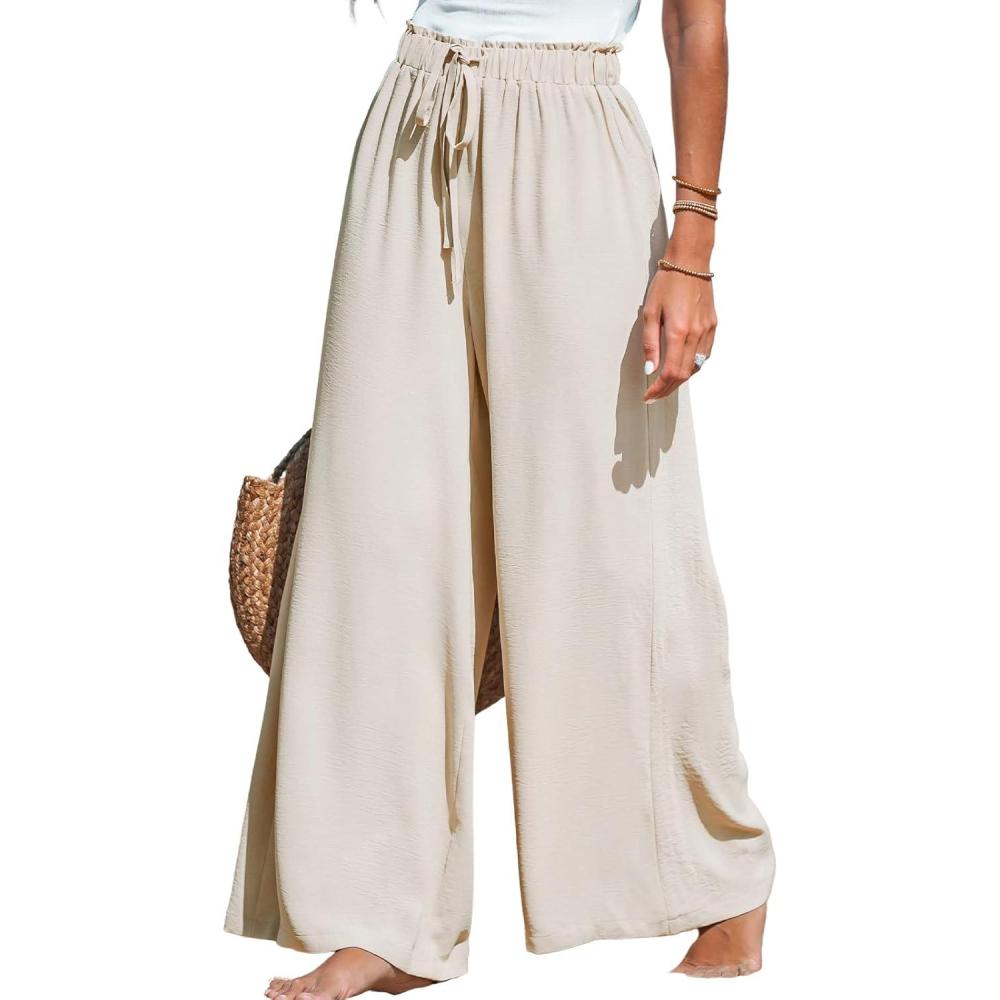 imageCUPSHE Palazzo Pants for Women Smocked Waist Boho Western Flowy Wide Leg PantBeige