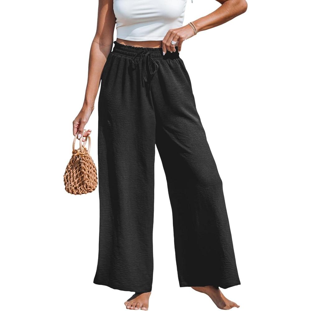 imageCUPSHE Palazzo Pants for Women Smocked Waist Boho Western Flowy Wide Leg PantBlack
