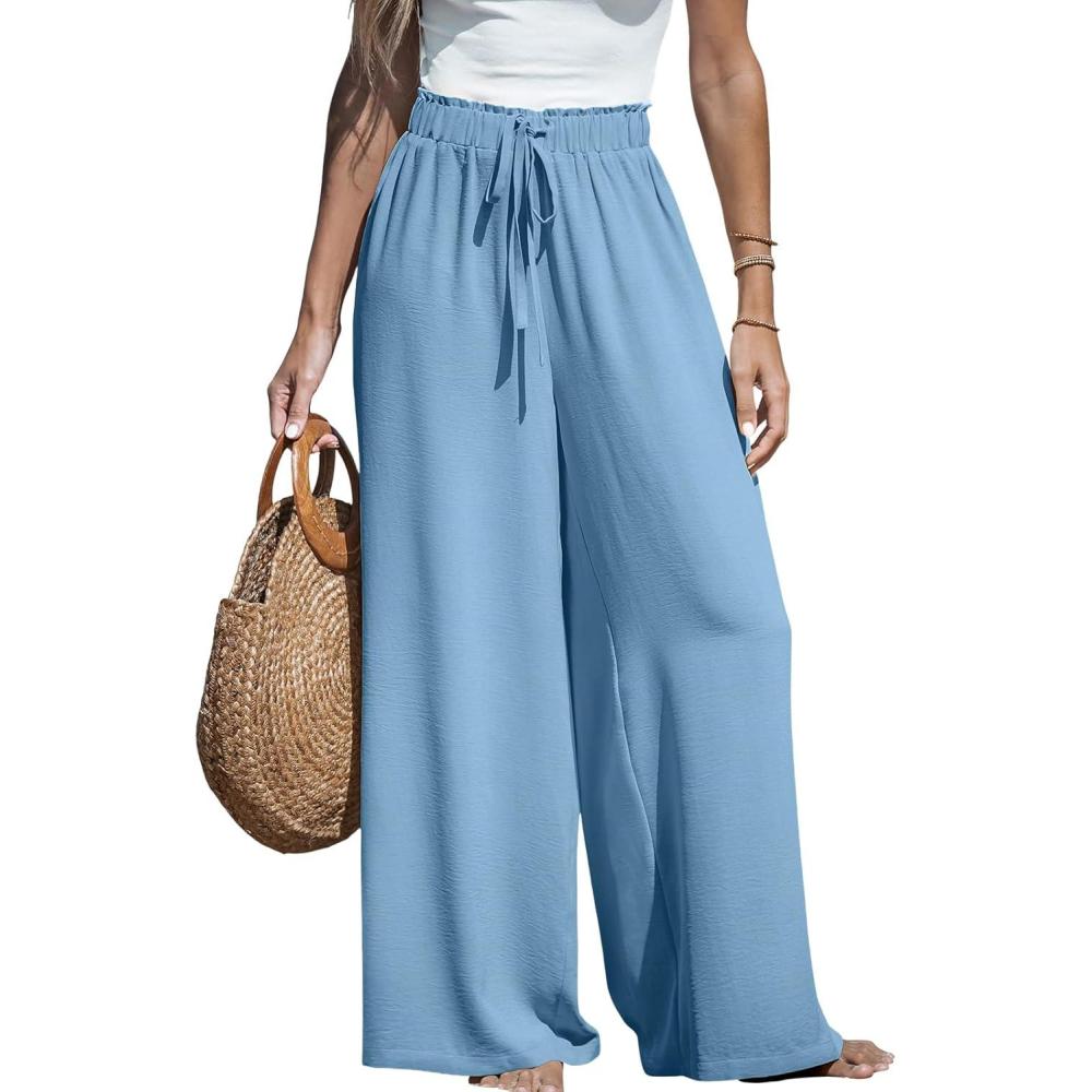 imageCUPSHE Palazzo Pants for Women Smocked Waist Boho Western Flowy Wide Leg PantBlue Light
